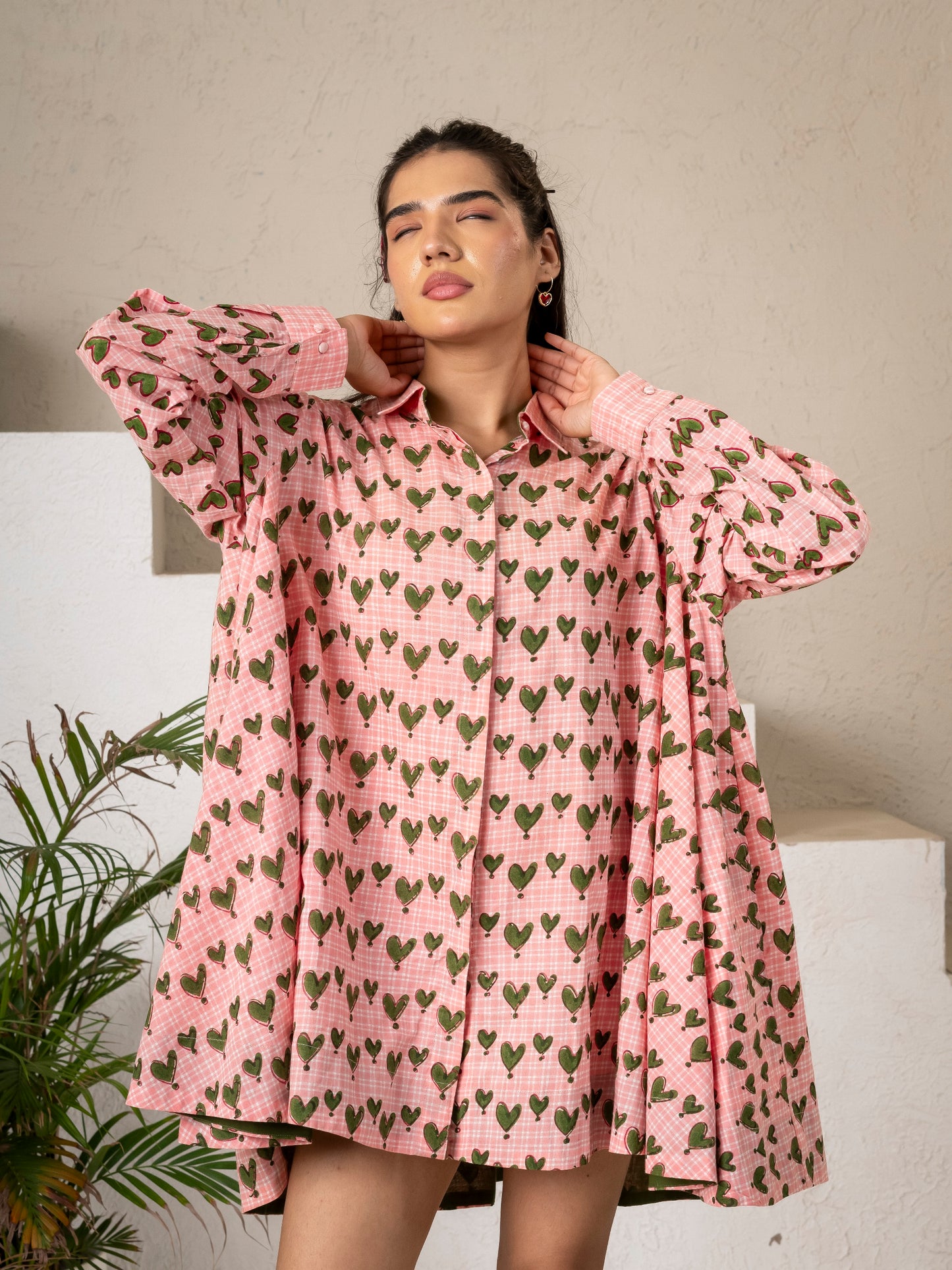Hand Block Printed Green Hearts Flaired Shirt Top/ Dress