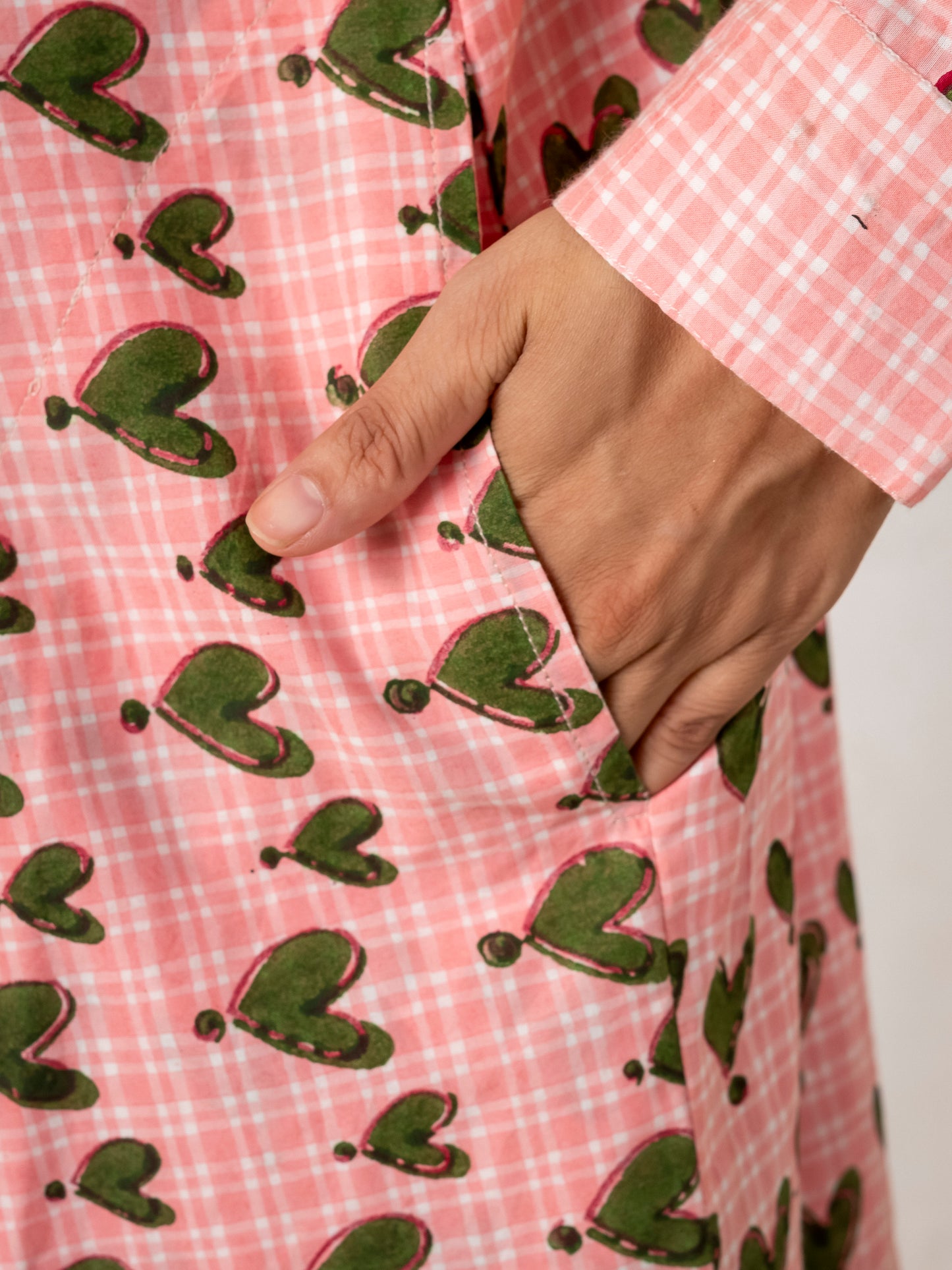 Hand Block Printed Green Hearts Flaired Shirt Top/ Dress