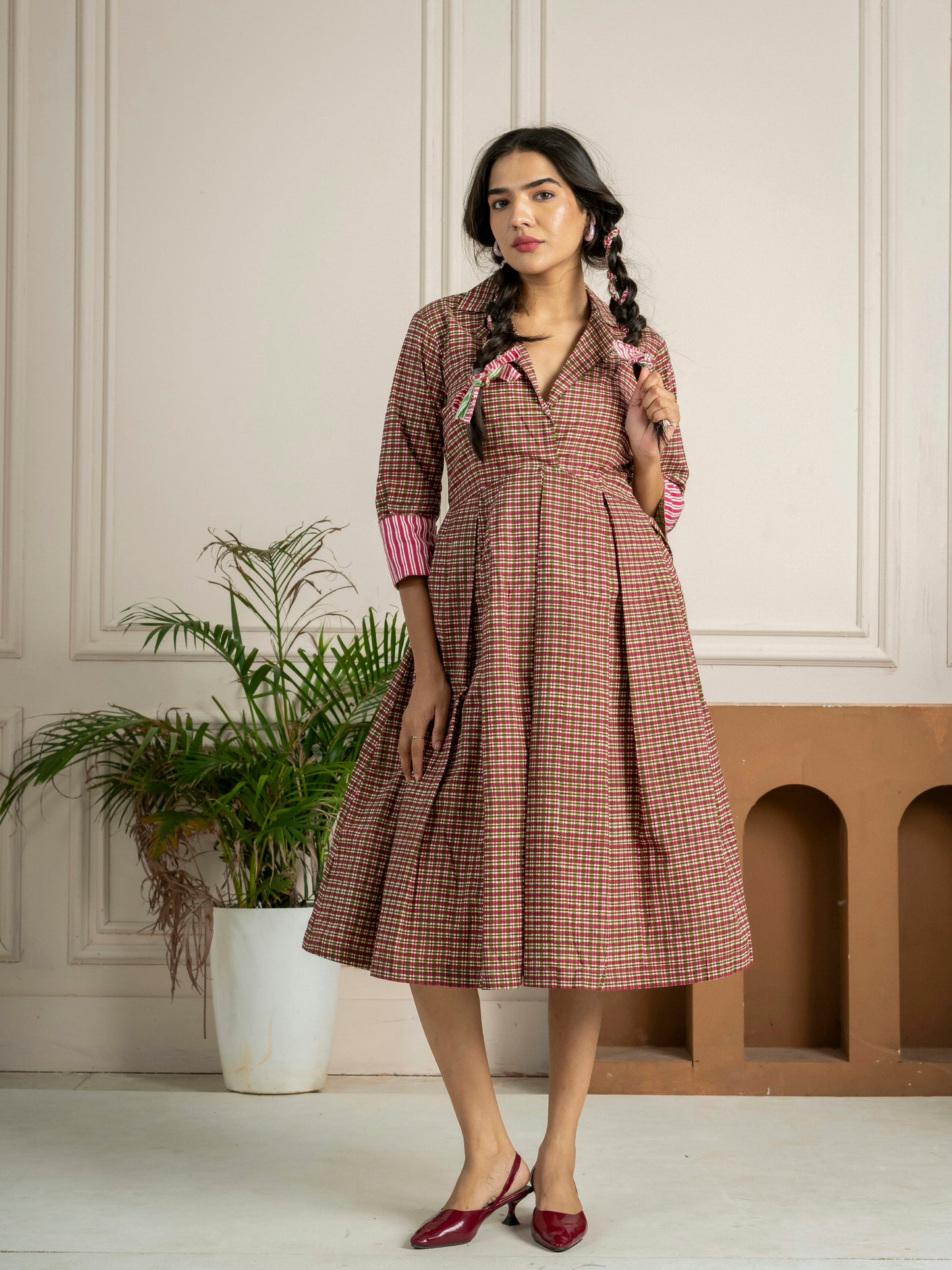 Meadow Check Pleated Midi Dress