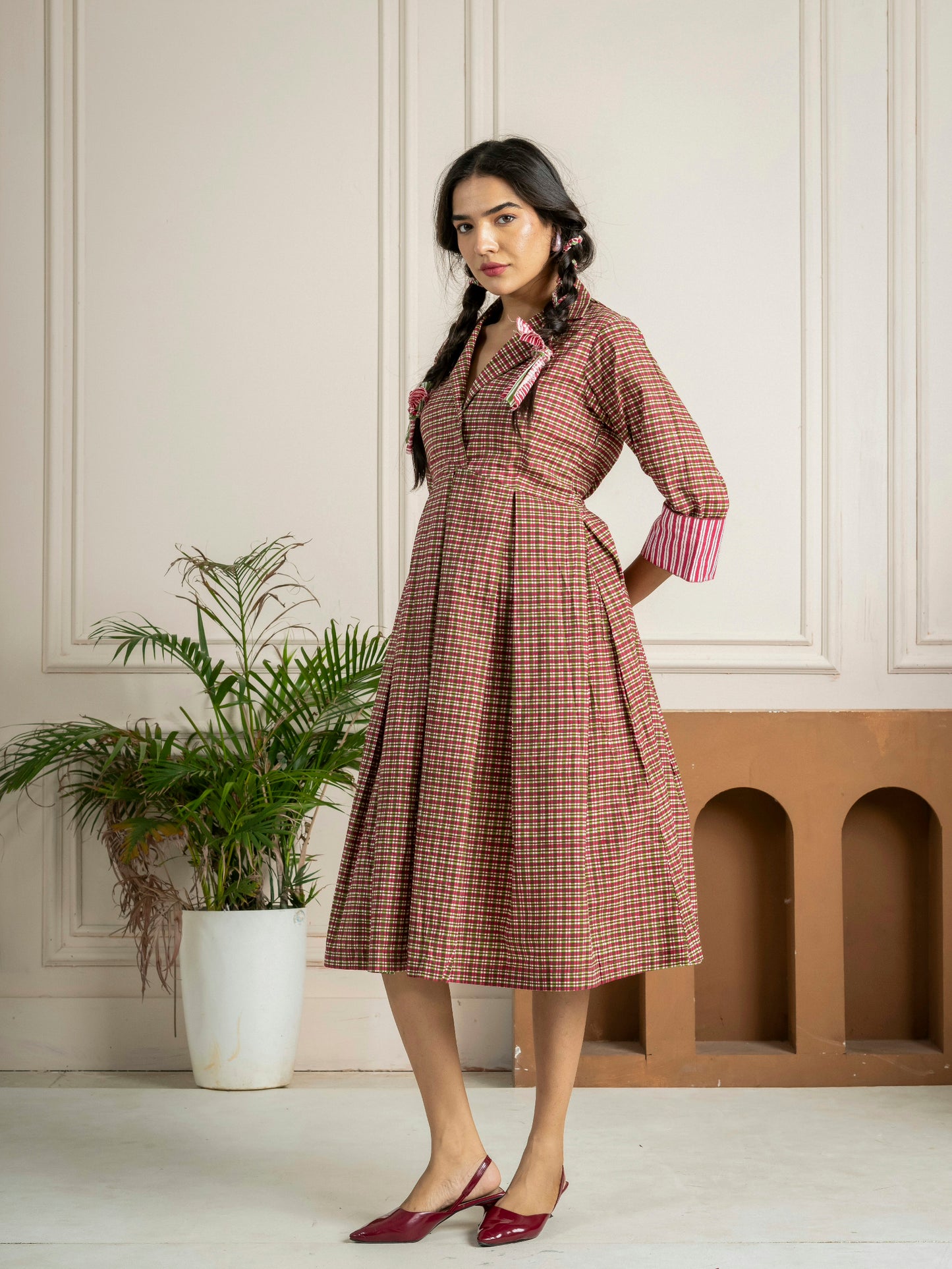 Meadow Check Pleated Midi Dress