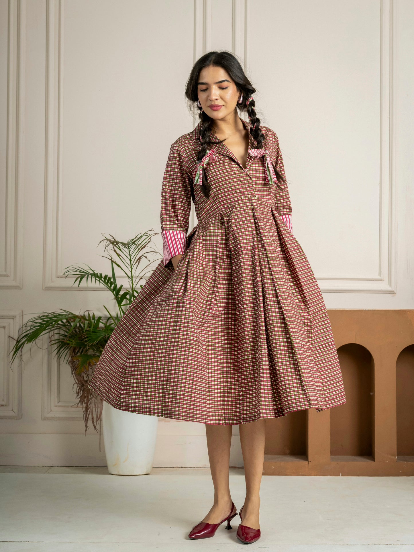 Meadow Check Pleated Midi Dress