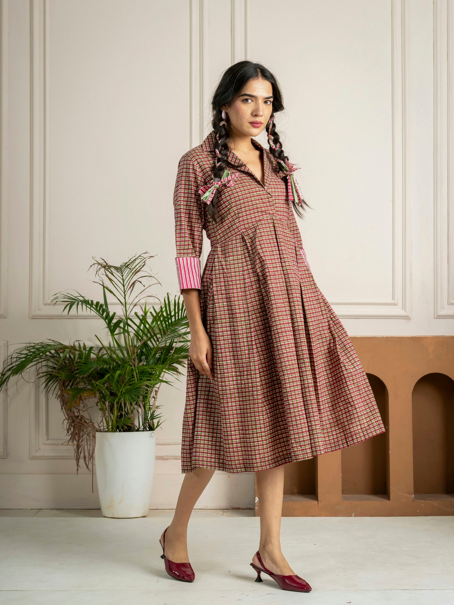 Meadow Check Pleated Midi Dress