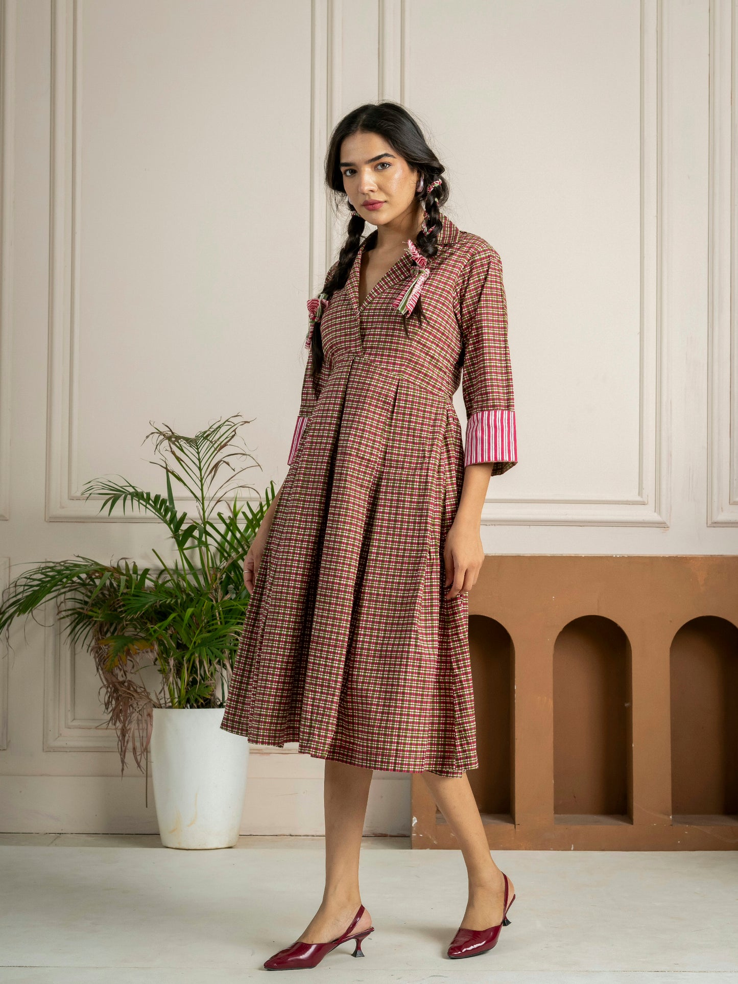 Meadow Check Pleated Midi Dress