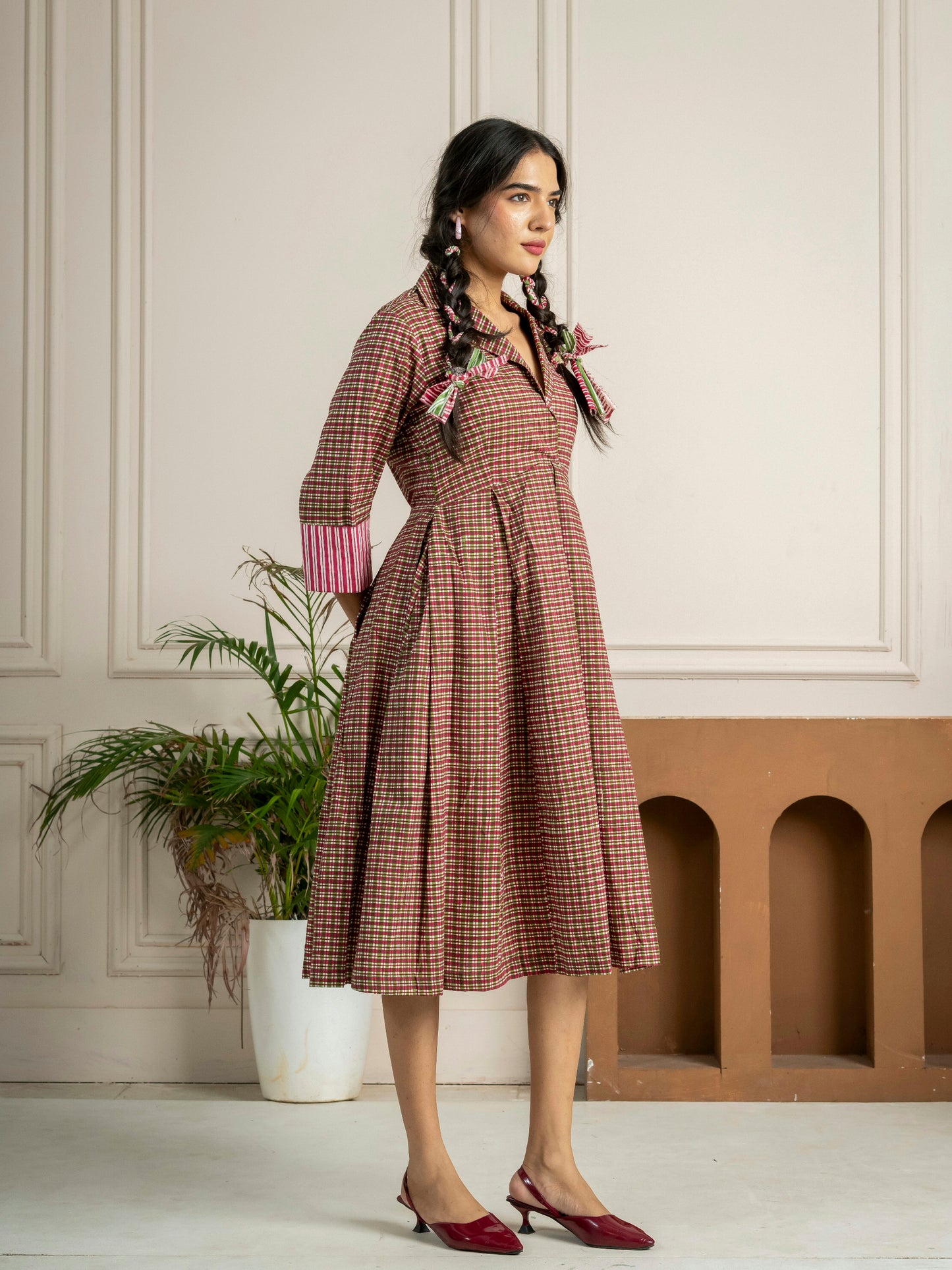 Meadow Check Pleated Midi Dress
