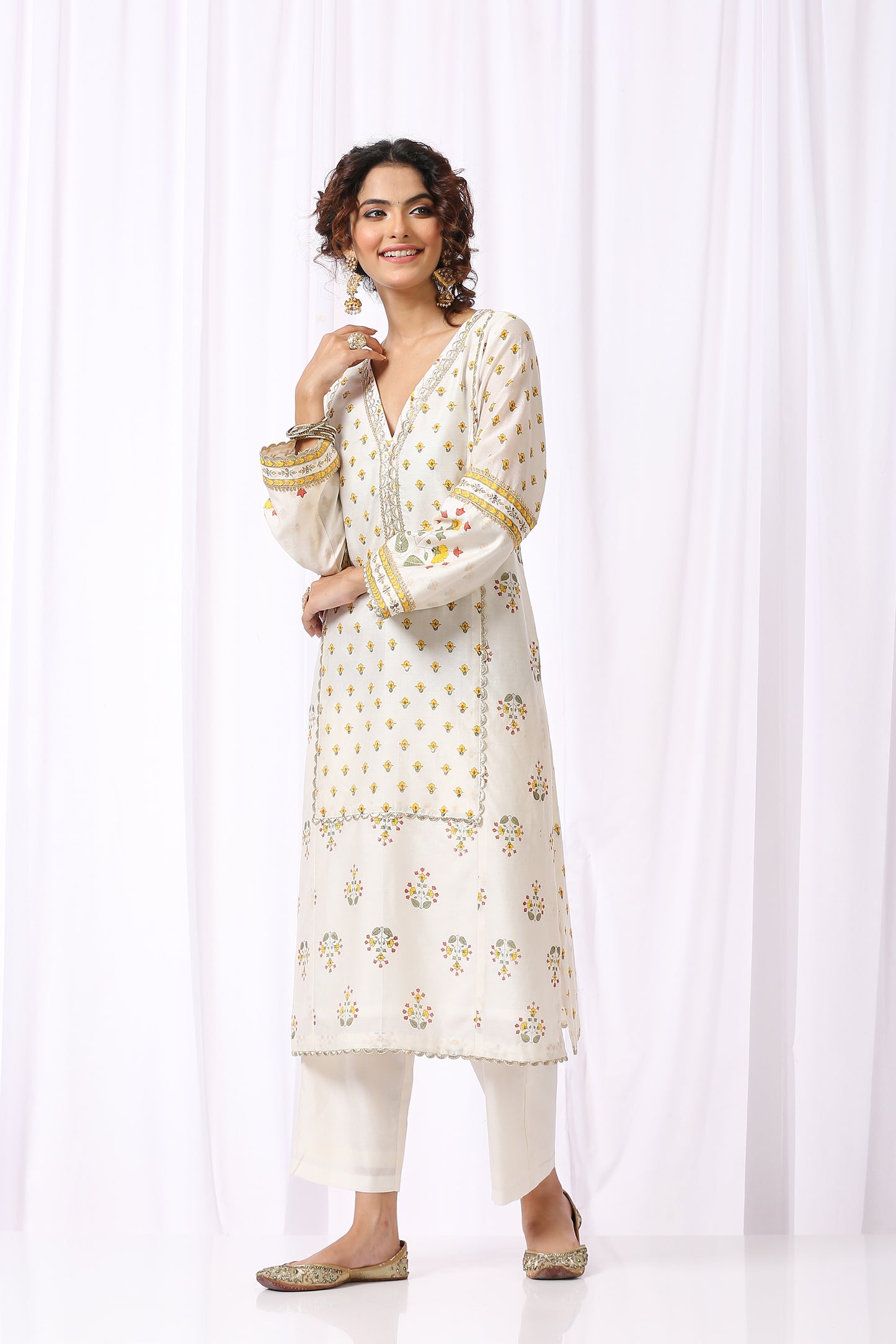 WHITE BASE CHANDERI HAND BLOCK PRINTED KURTA SET OF-2