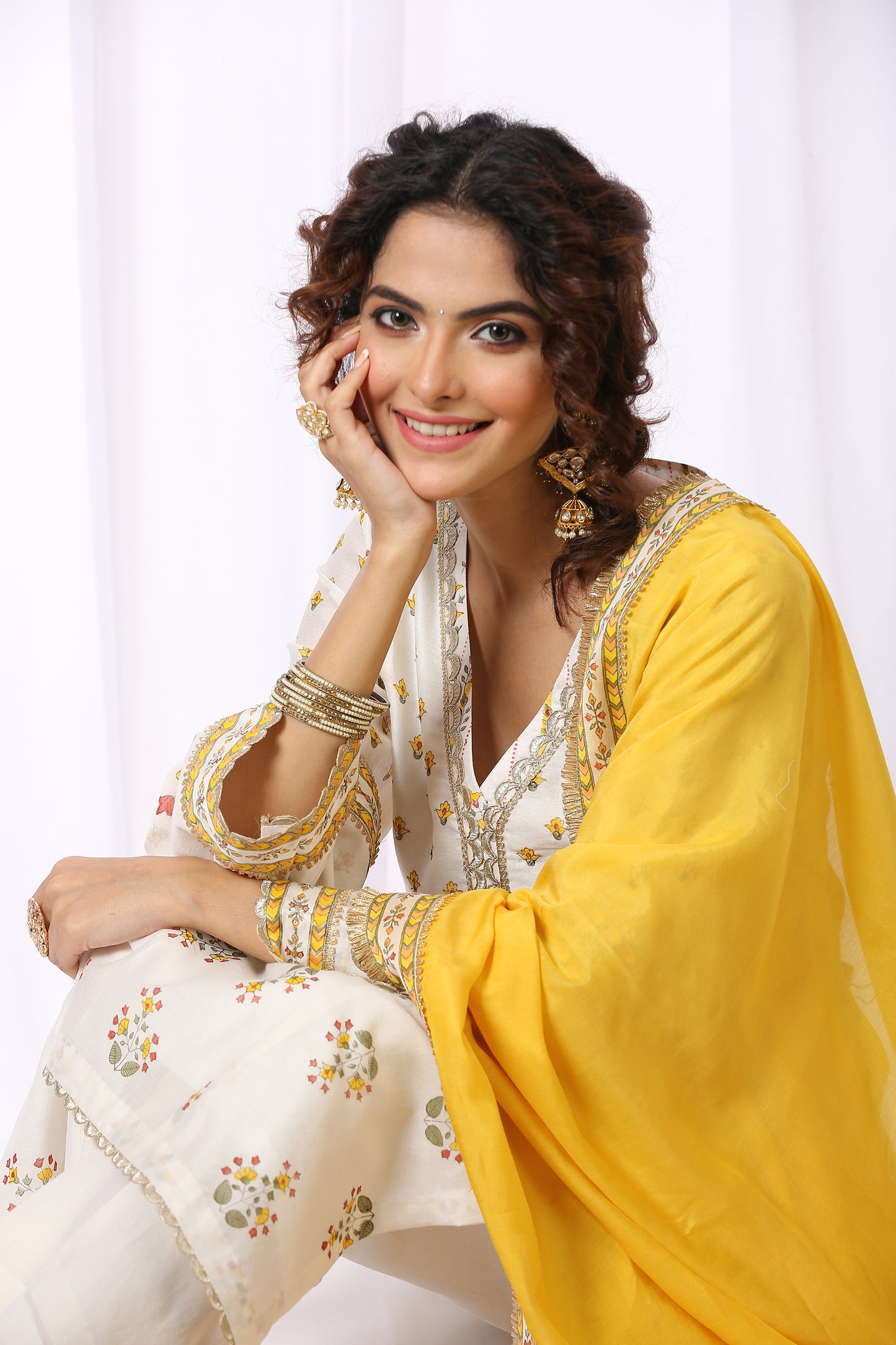WHITE BASE CHANDERI HAND BLOCK PRINTED KURTA SET OF-2