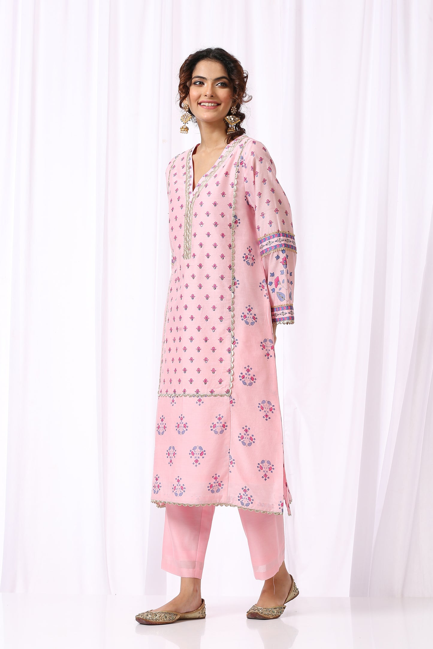 PINK  BASE CHANDERI HAND BLOCK PRINTED KURTA SET OF-2