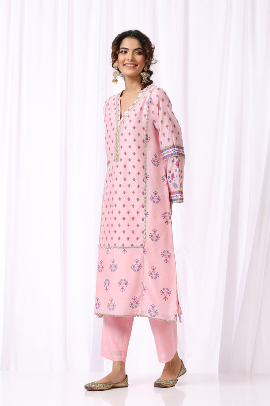 PINK  BASE CHANDERI HAND BLOCK PRINTED KURTA SET OF-2