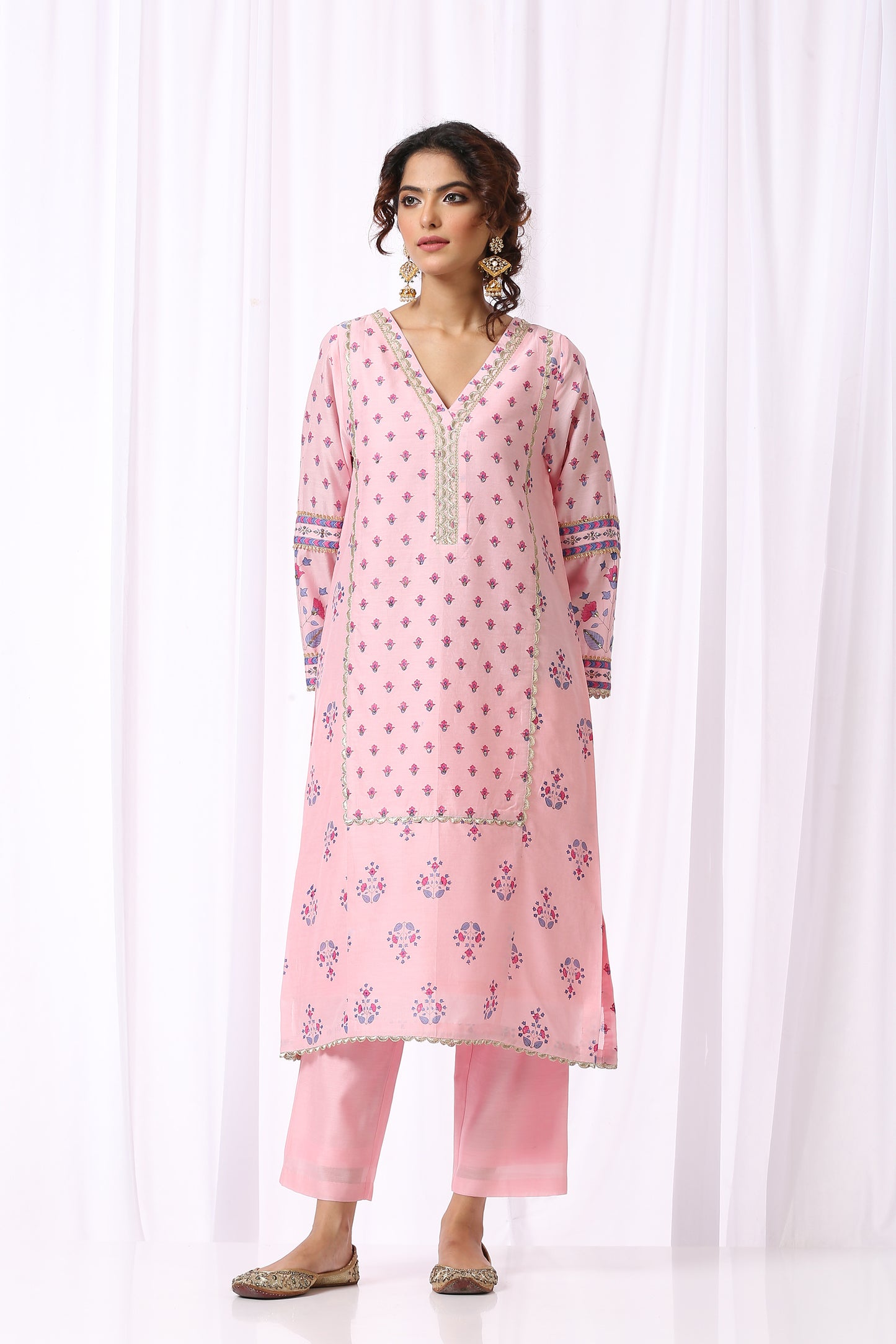 PINK  BASE CHANDERI HAND BLOCK PRINTED KURTA SET OF-2