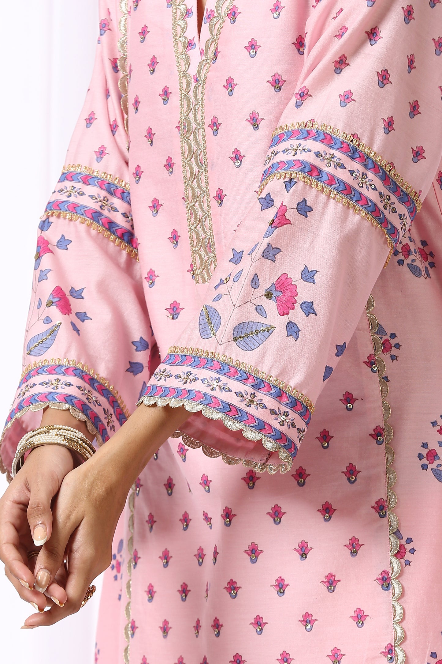 PINK  BASE CHANDERI HAND BLOCK PRINTED KURTA SET OF-2