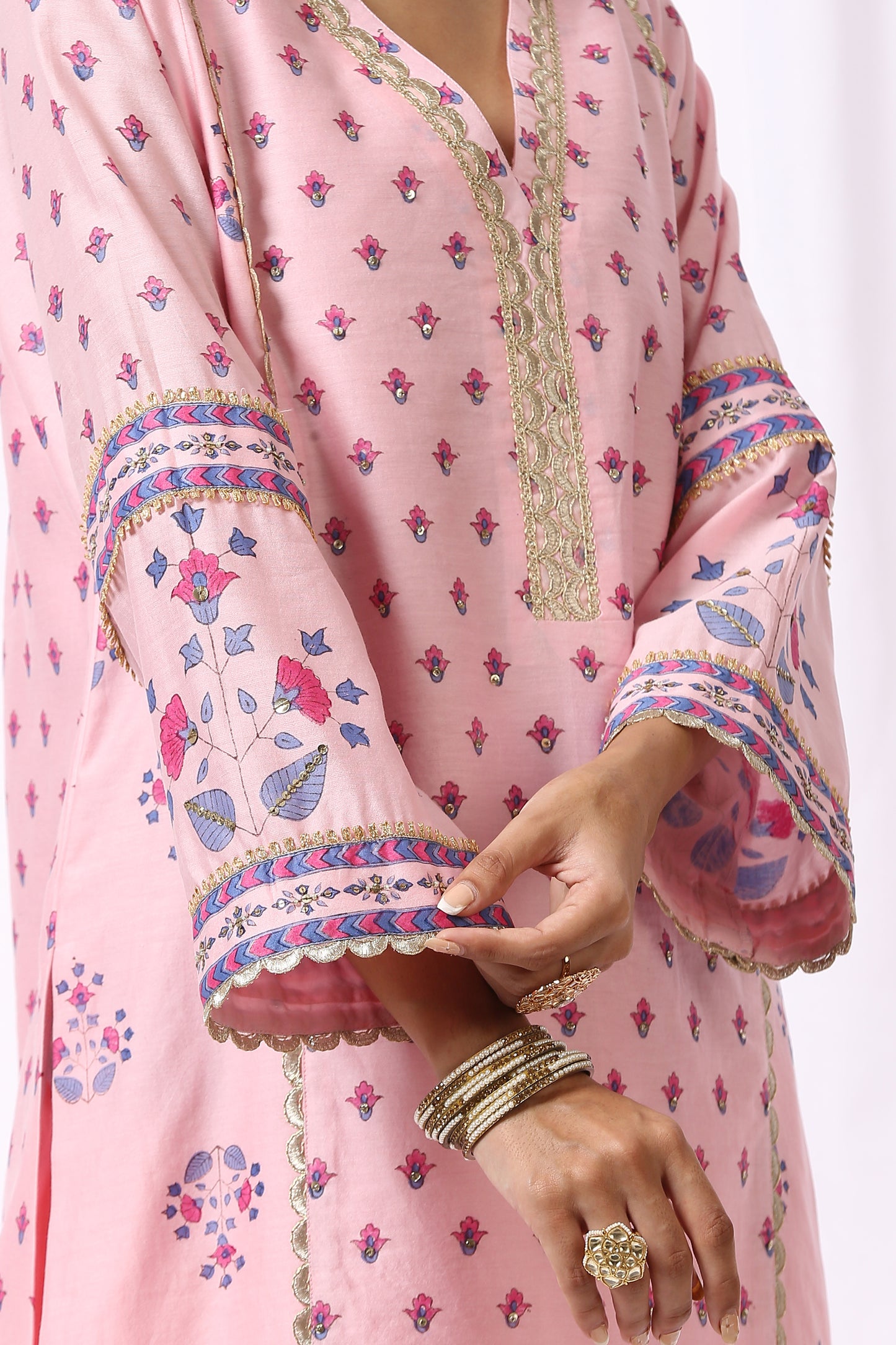 PINK  BASE CHANDERI HAND BLOCK PRINTED KURTA SET OF-2