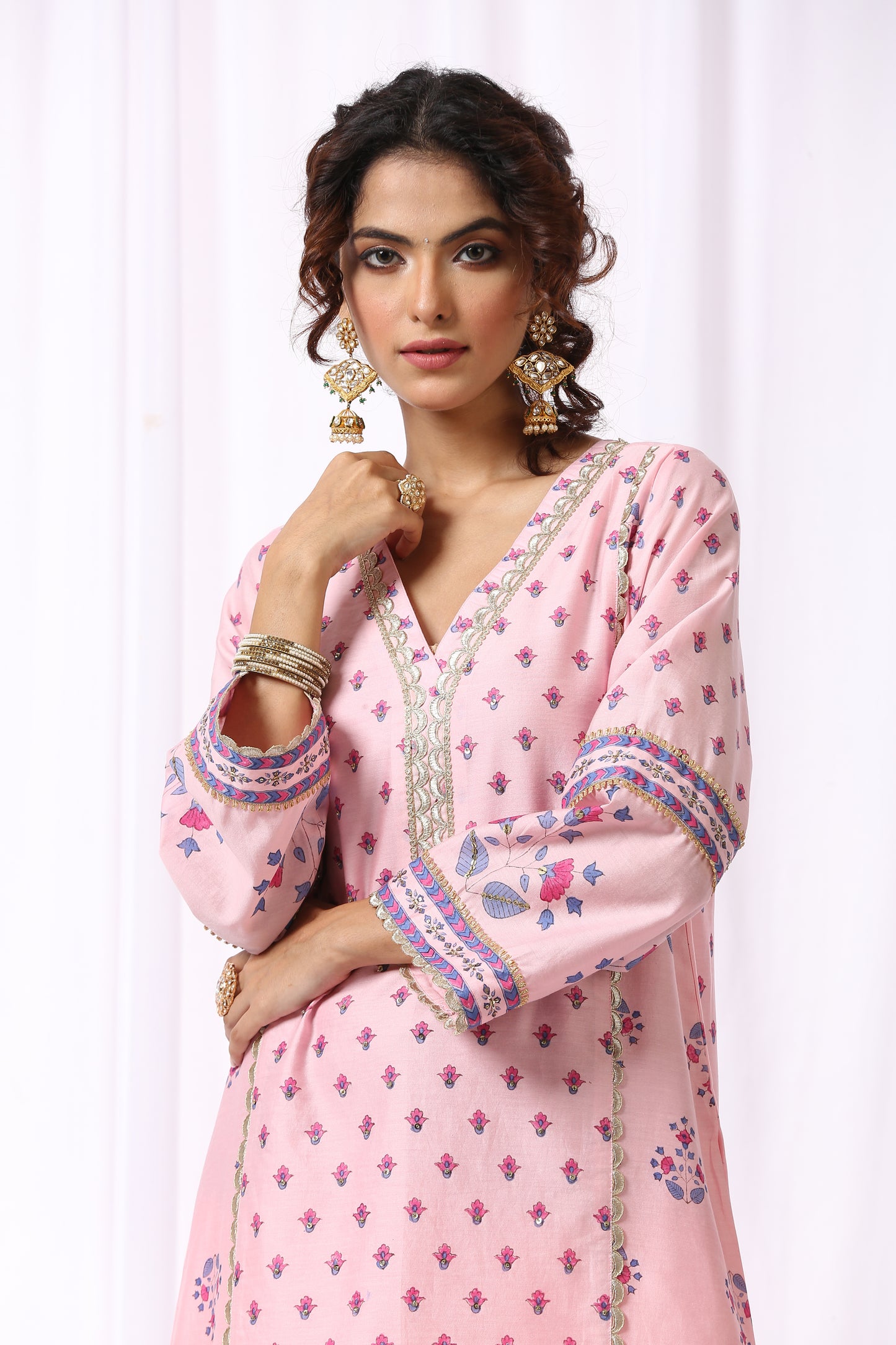 PINK  BASE CHANDERI HAND BLOCK PRINTED KURTA SET OF-2