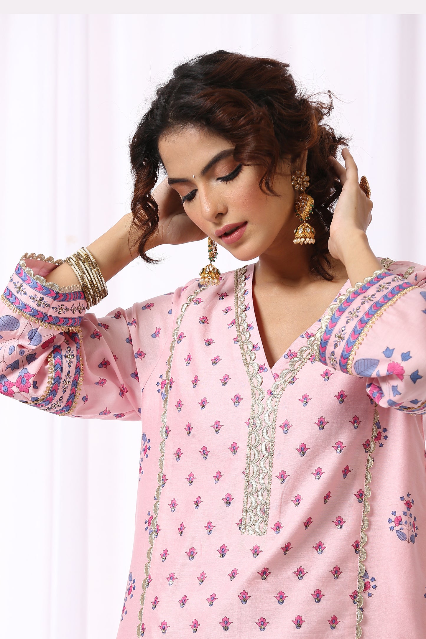 PINK  BASE CHANDERI HAND BLOCK PRINTED KURTA SET OF-2