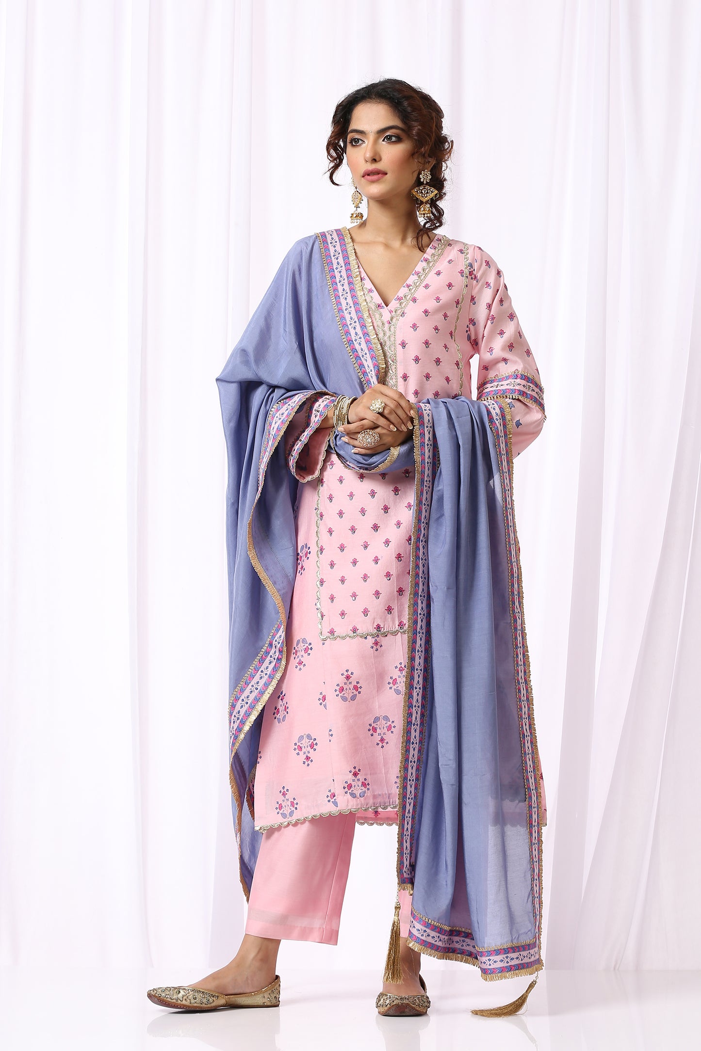 PINK  BASE CHANDERI HAND BLOCK PRINTED KURTA SET OF-2