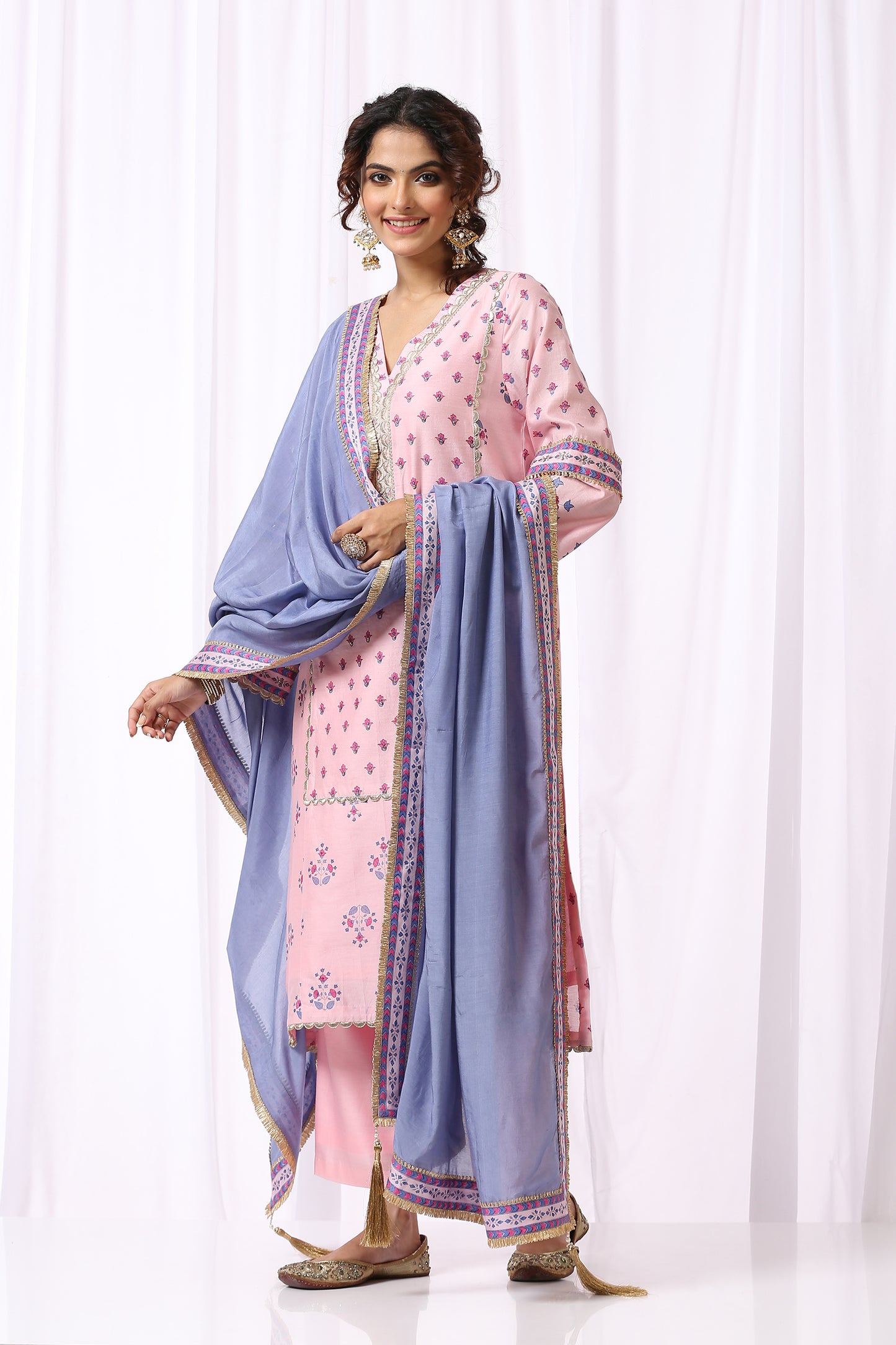 PINK  BASE CHANDERI HAND BLOCK PRINTED KURTA SET OF-2