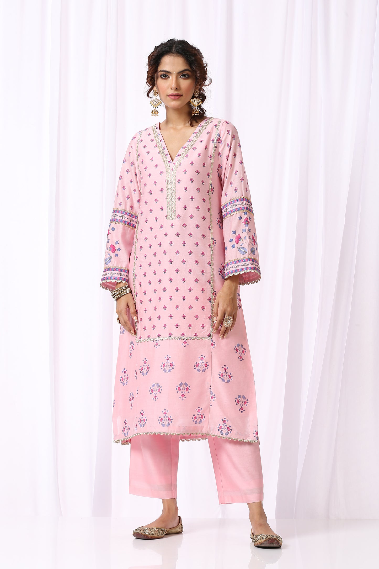 PINK  BASE CHANDERI HAND BLOCK PRINTED KURTA SET OF-2