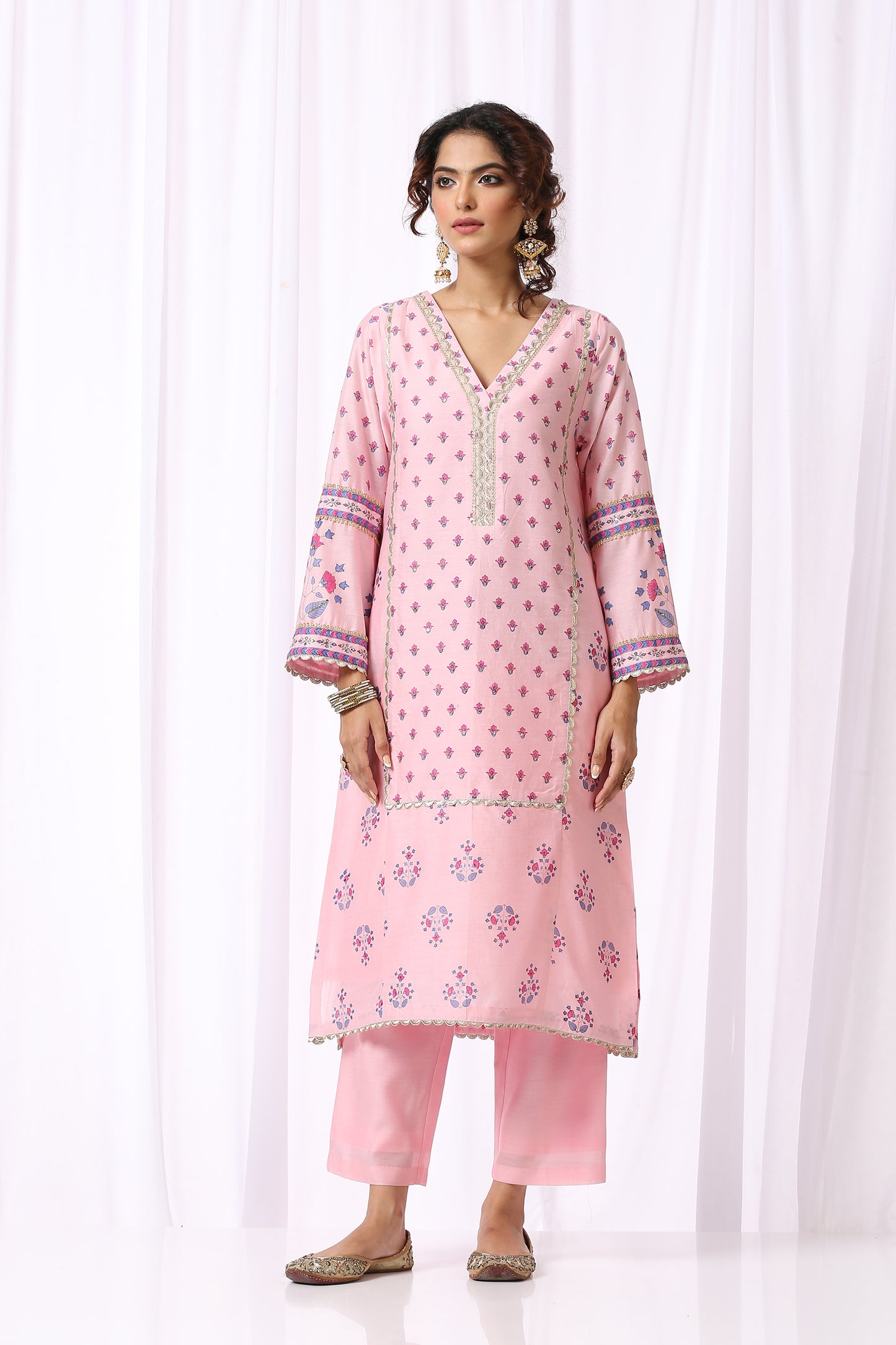 PINK  BASE CHANDERI HAND BLOCK PRINTED KURTA SET OF-2
