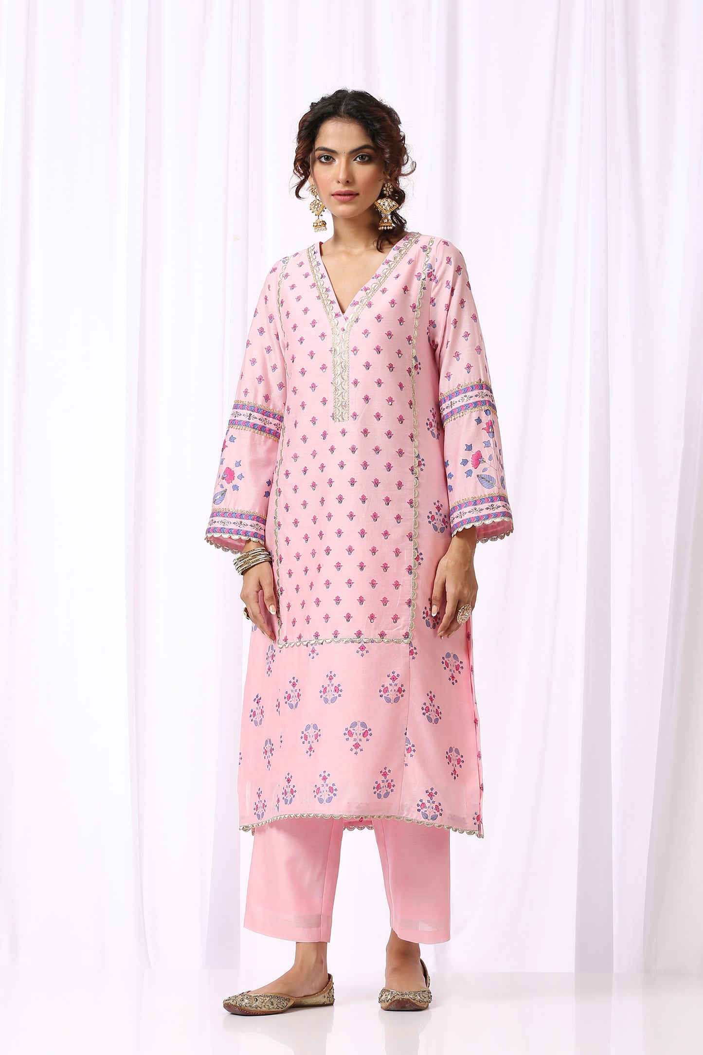PINK  BASE CHANDERI HAND BLOCK PRINTED KURTA SET OF-2