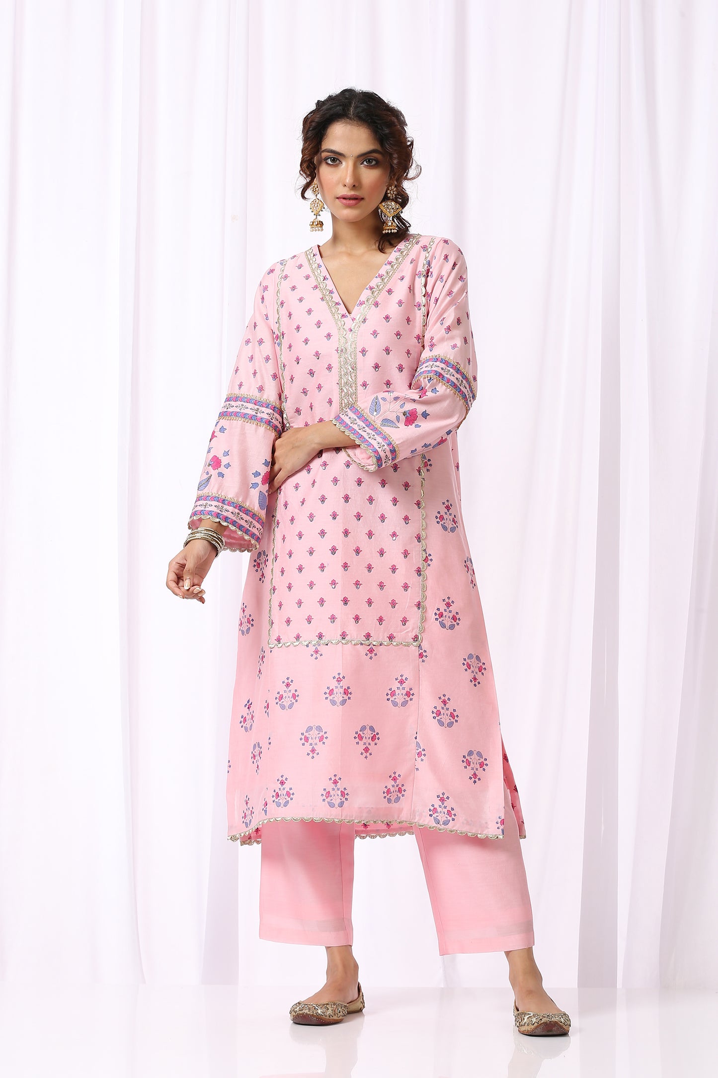 PINK  BASE CHANDERI HAND BLOCK PRINTED KURTA SET OF-2