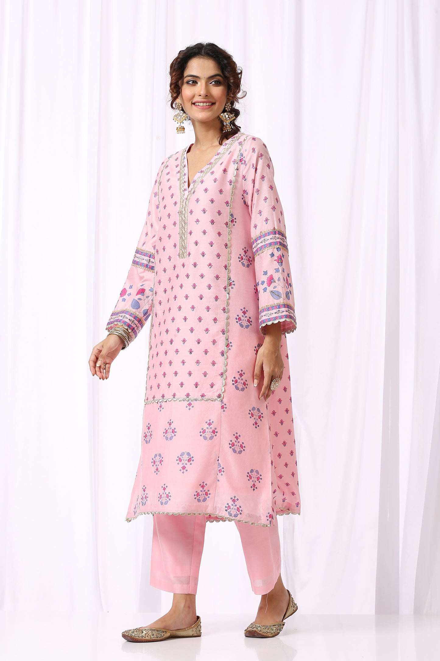 PINK  BASE CHANDERI HAND BLOCK PRINTED KURTA SET OF-2