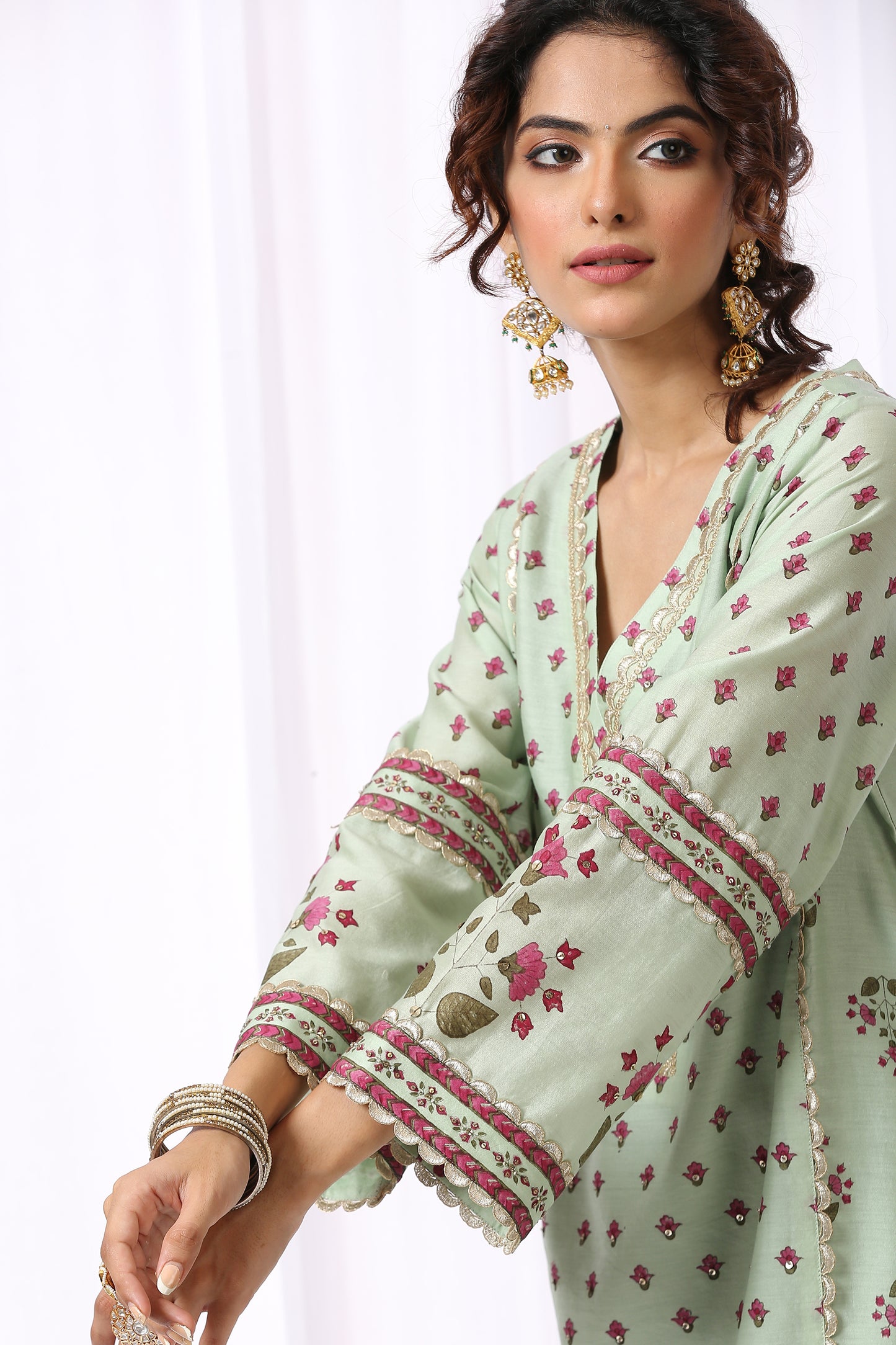 GREEN BASE CHANDERI HAND BLOCK PRINTED KURTA SET OF-2
