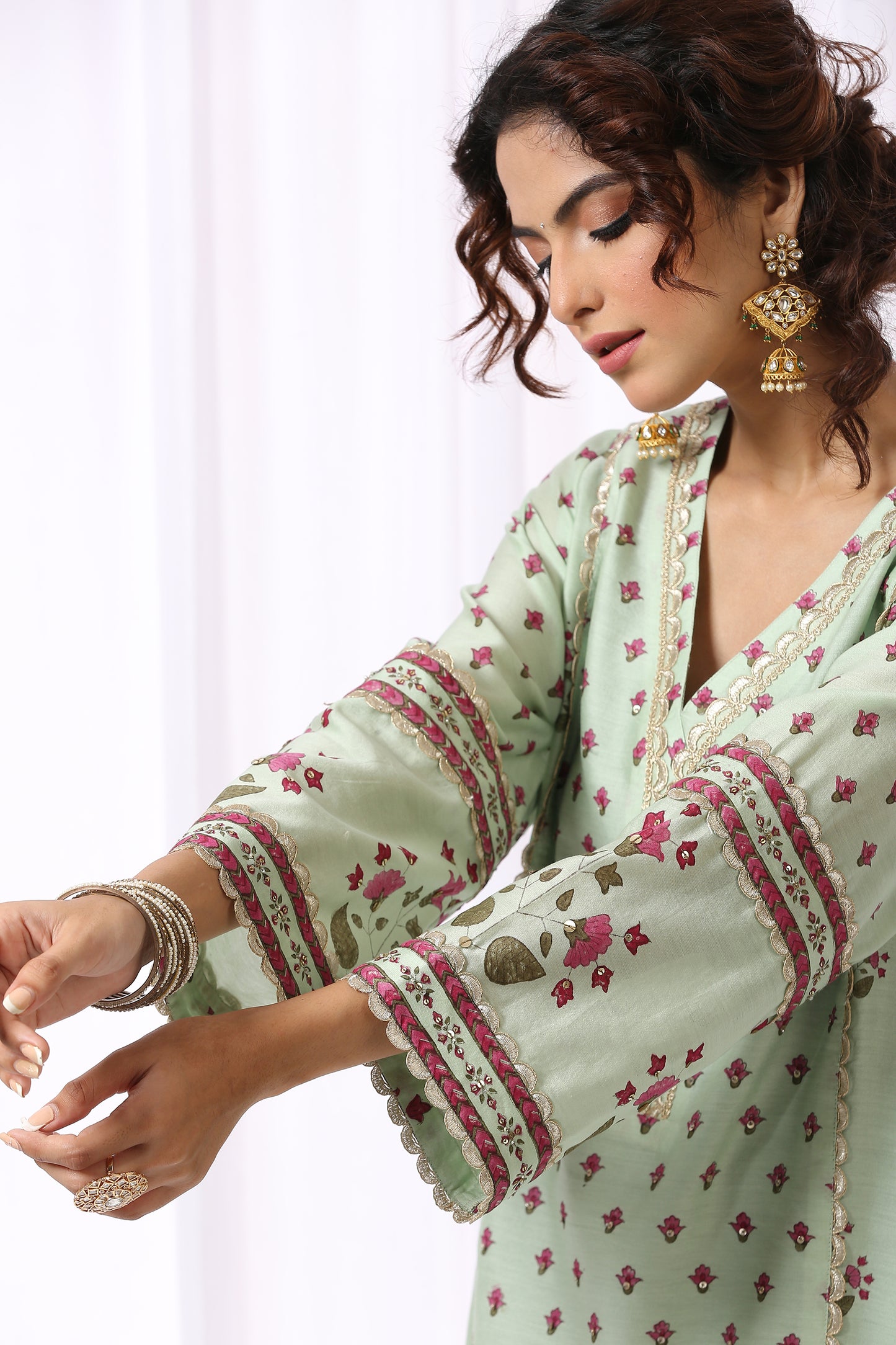 GREEN BASE CHANDERI HAND BLOCK PRINTED KURTA SET OF-2