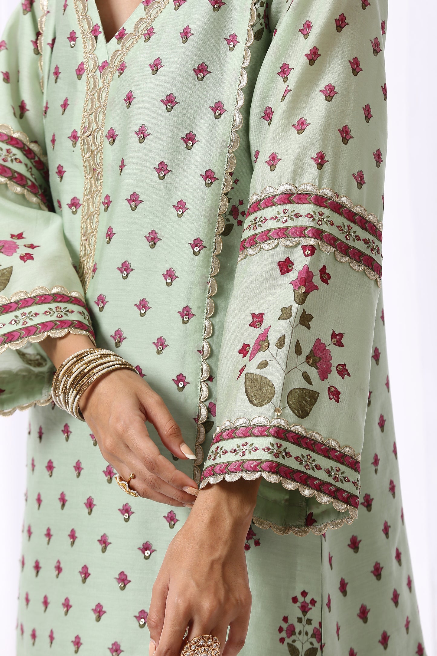 GREEN BASE CHANDERI HAND BLOCK PRINTED KURTA SET OF-2