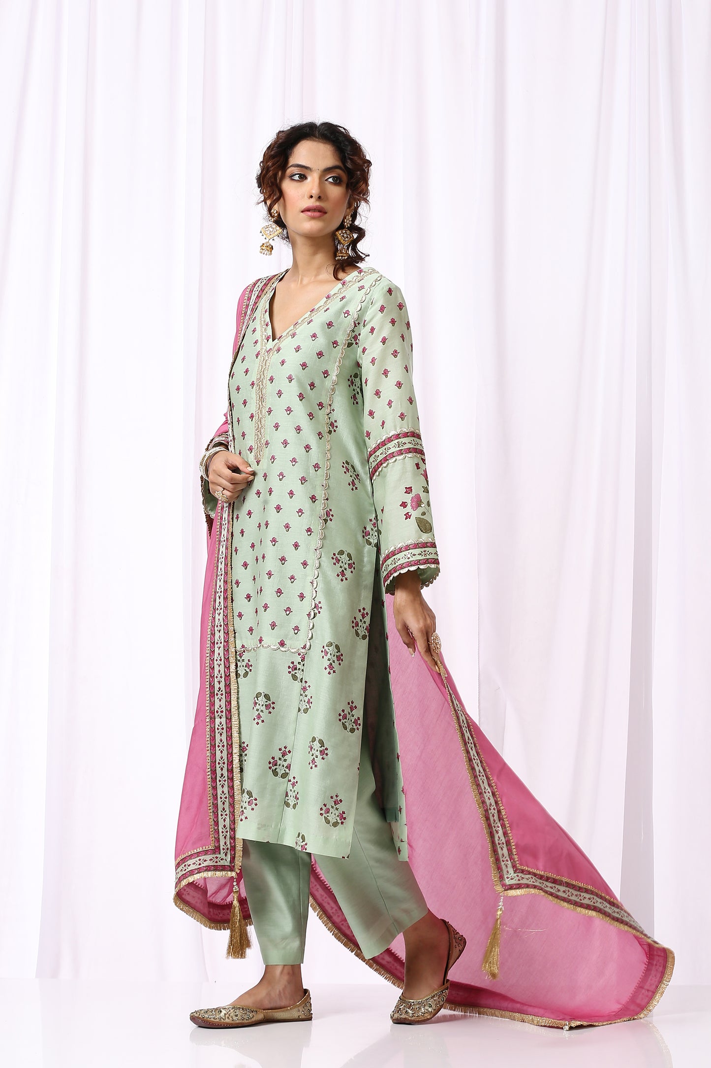 GREEN BASE CHANDERI HAND BLOCK PRINTED KURTA SET OF-2