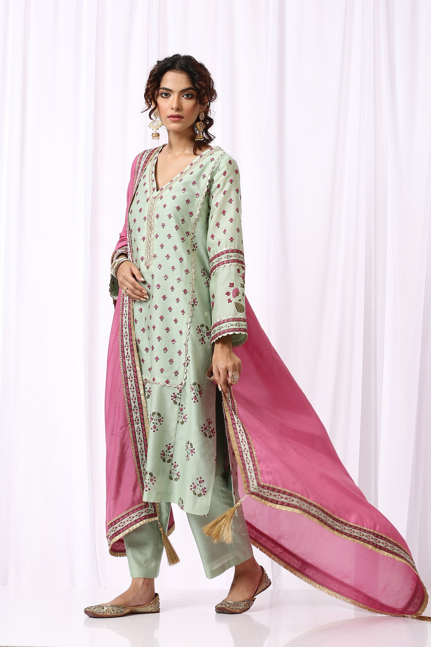 GREEN BASE CHANDERI HAND BLOCK PRINTED KURTA SET OF-2
