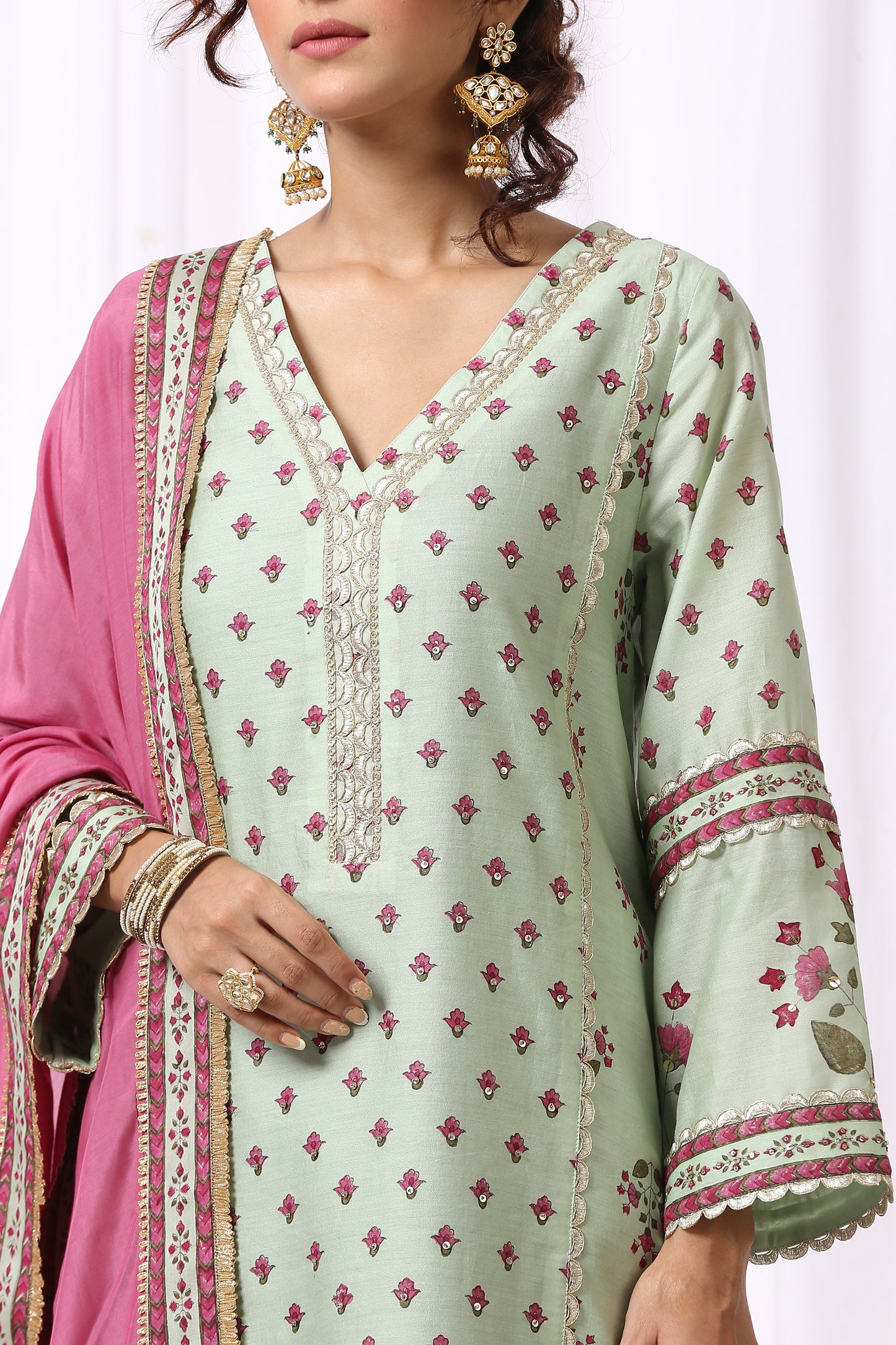 GREEN BASE CHANDERI HAND BLOCK PRINTED KURTA SET OF-2