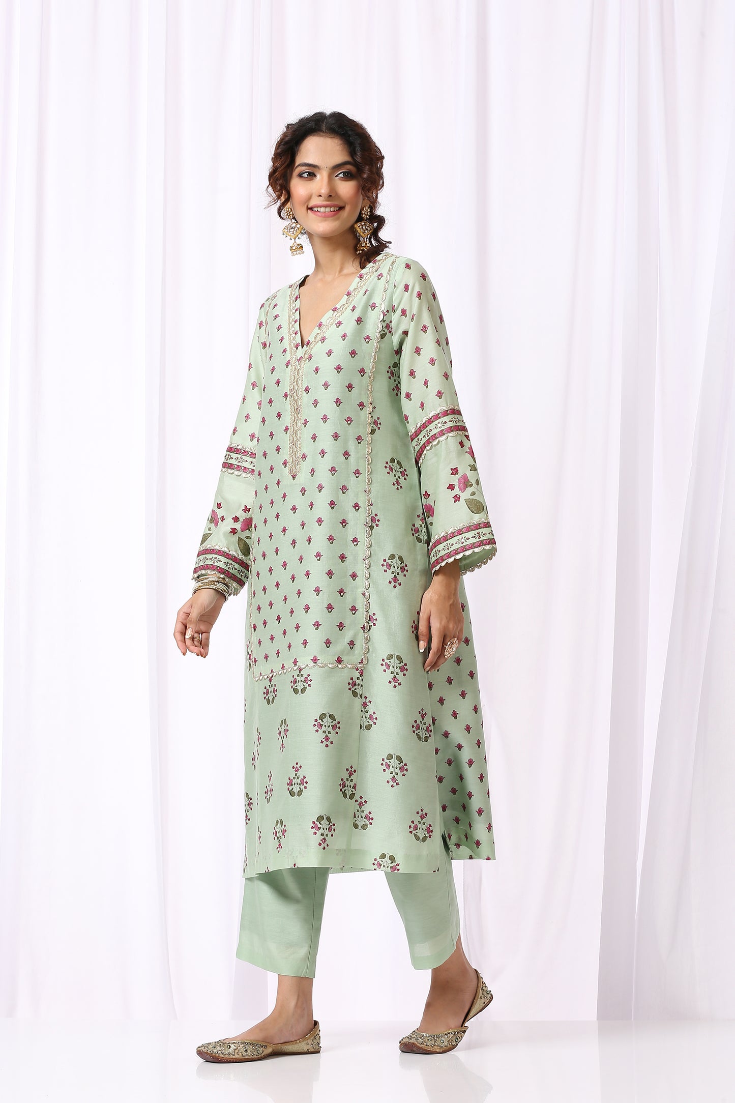 GREEN BASE CHANDERI HAND BLOCK PRINTED KURTA SET OF-2