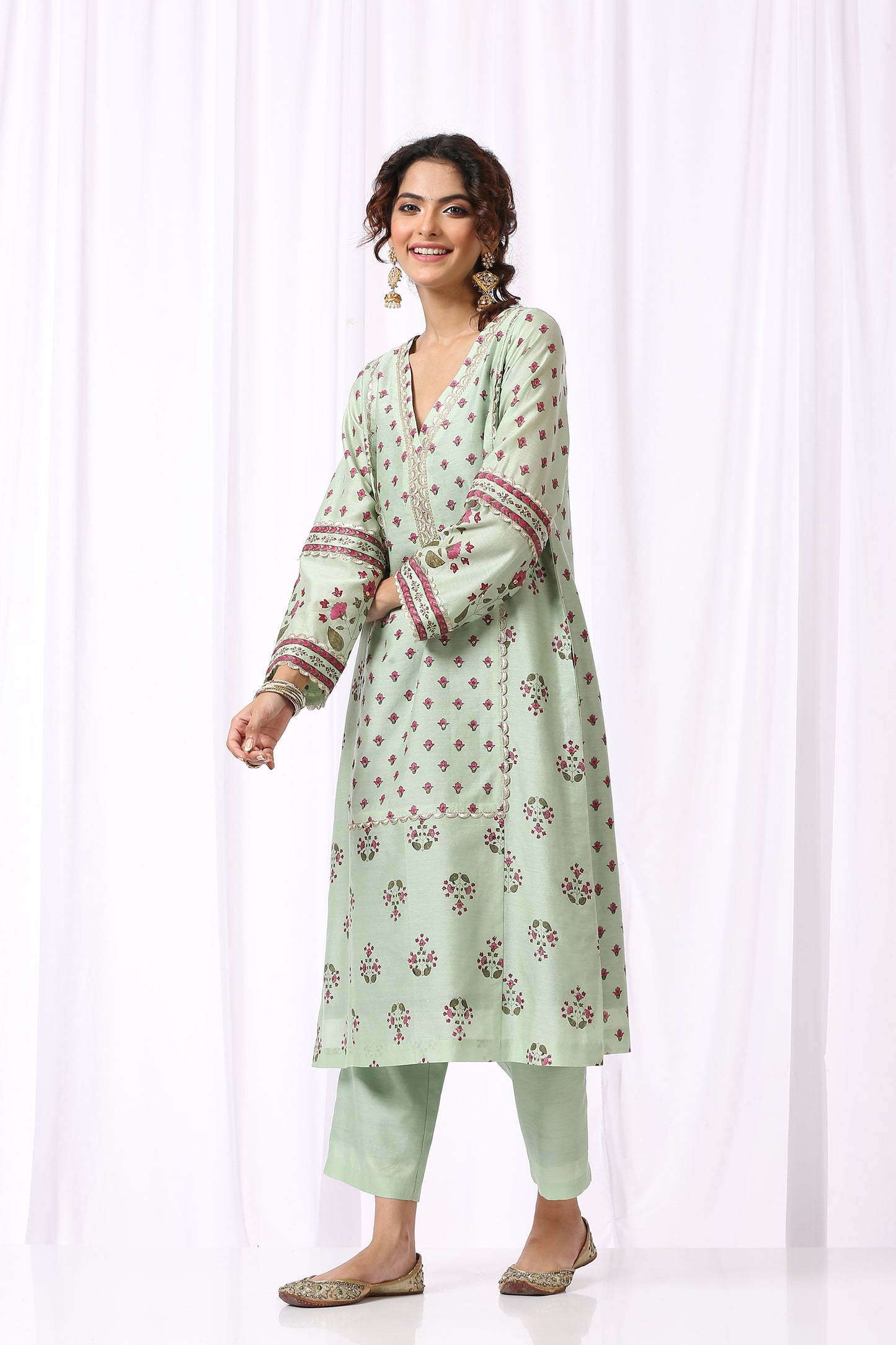 GREEN BASE CHANDERI HAND BLOCK PRINTED KURTA SET OF-2