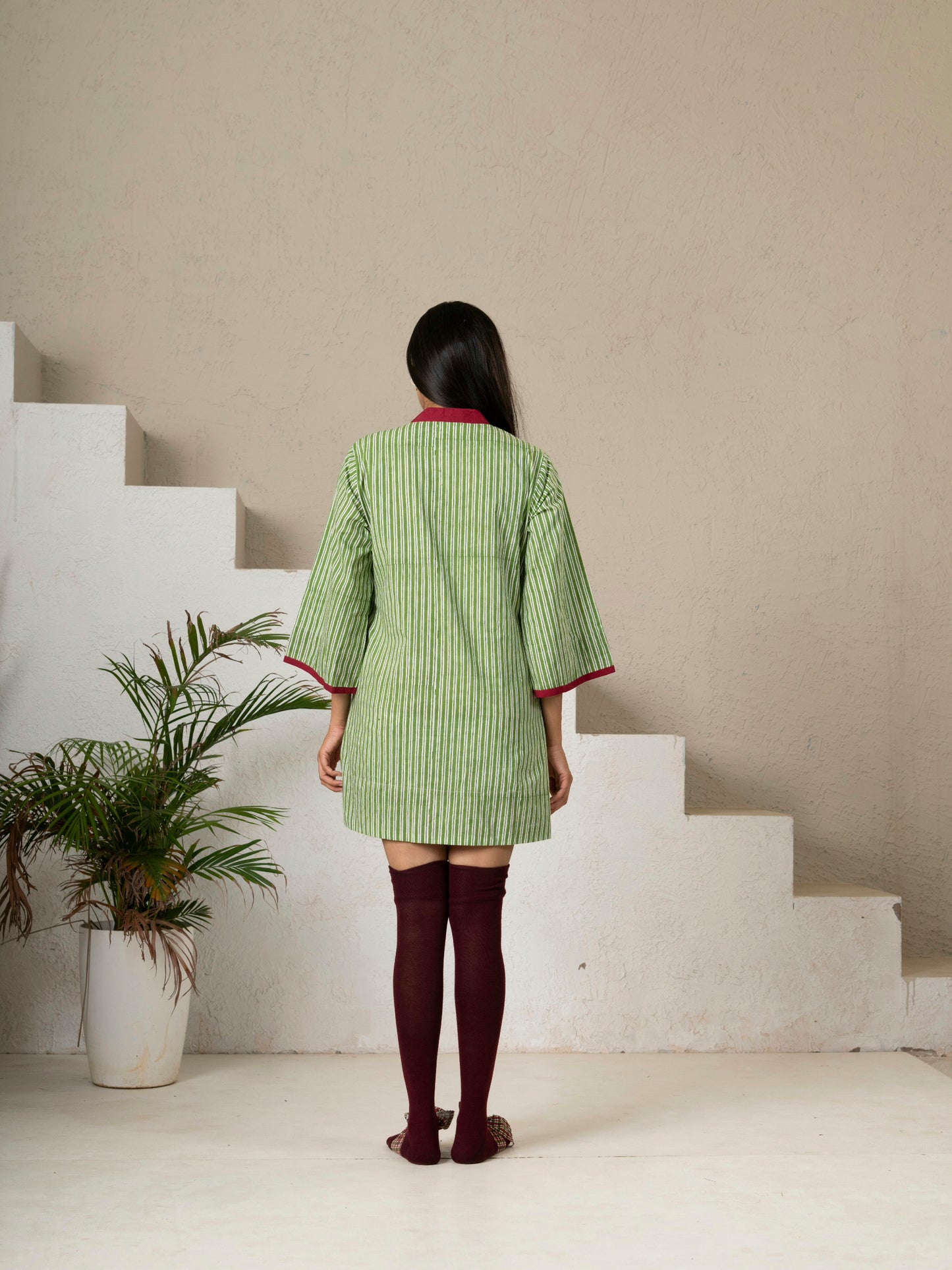 Hand Block Printed Green Striped Cotton Short Dress