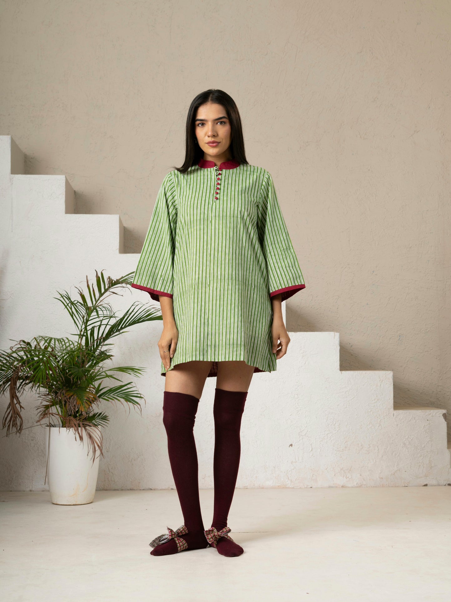 Hand Block Printed Green Striped Cotton Short Dress