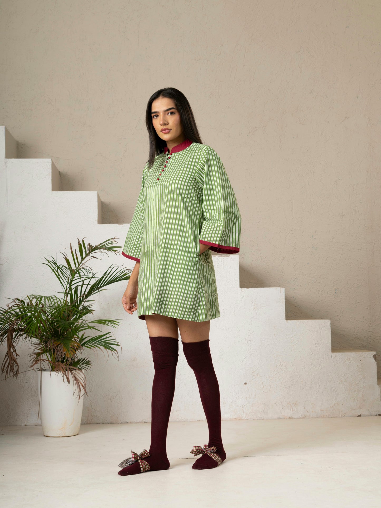 Hand Block Printed Green Striped Cotton Short Dress