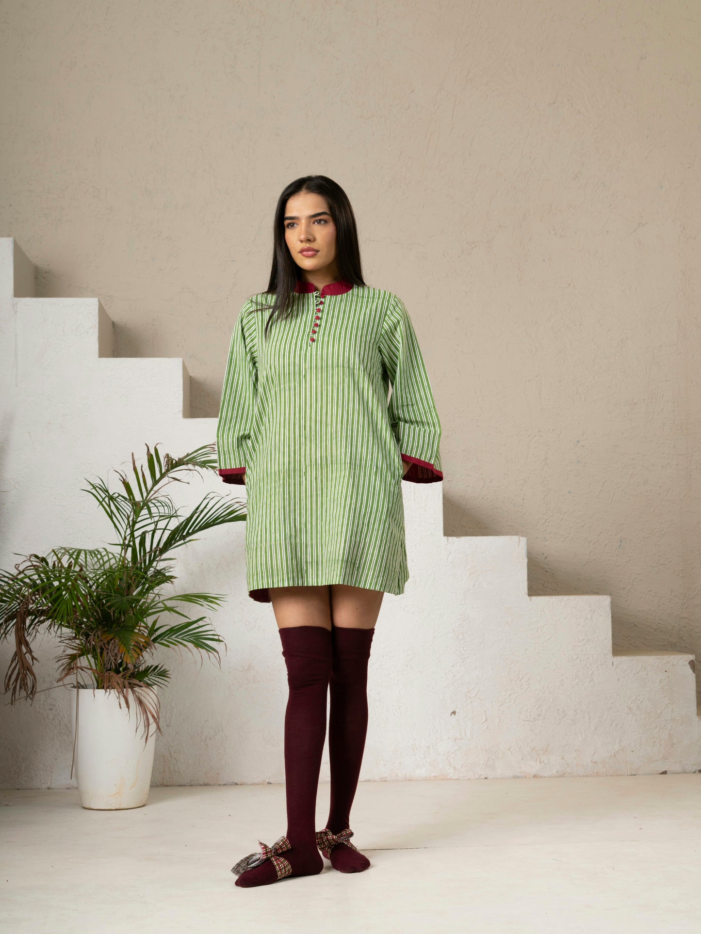 Hand Block Printed Green Striped Cotton Short Dress