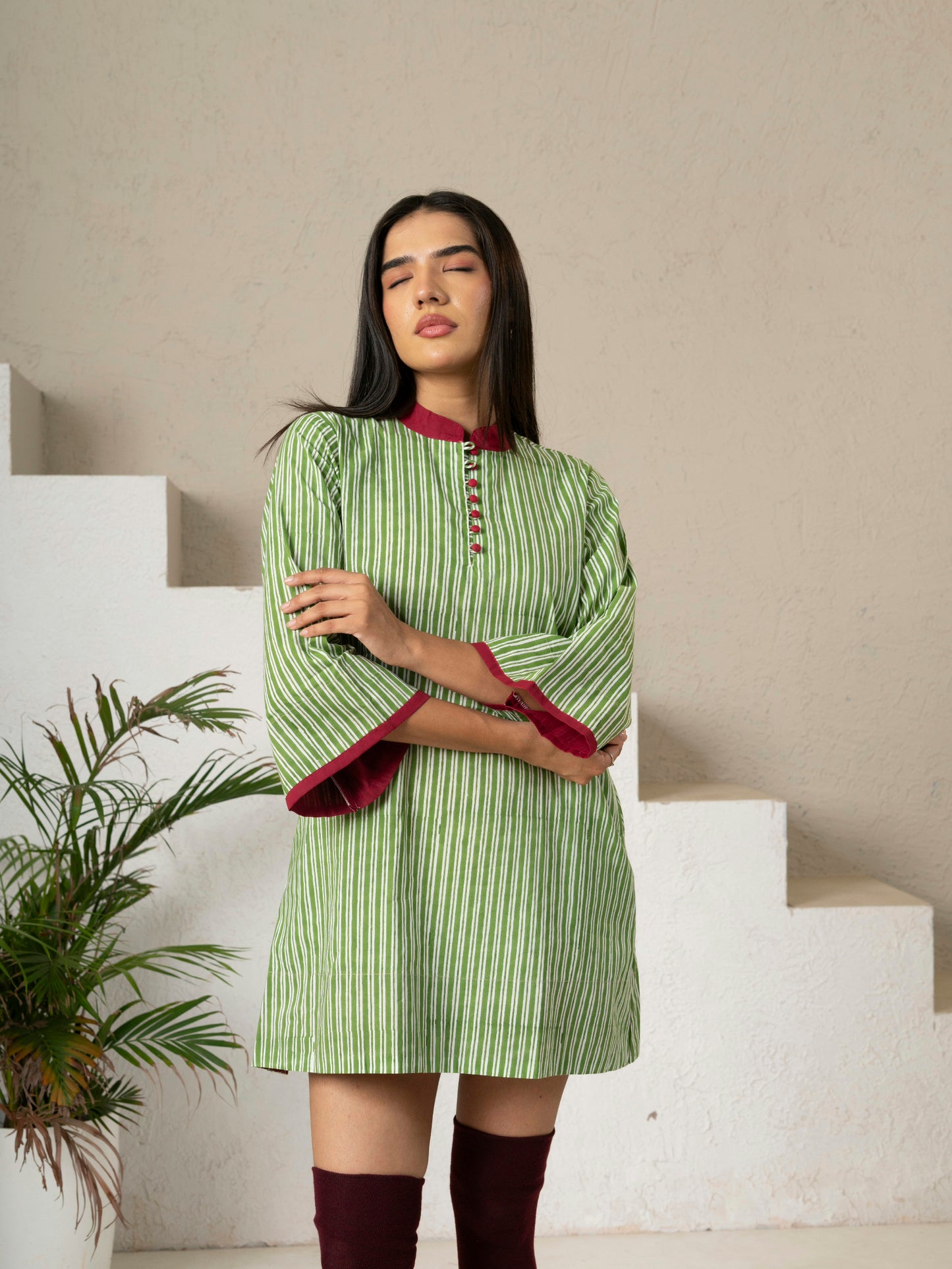 Hand Block Printed Green Striped Cotton Short Dress