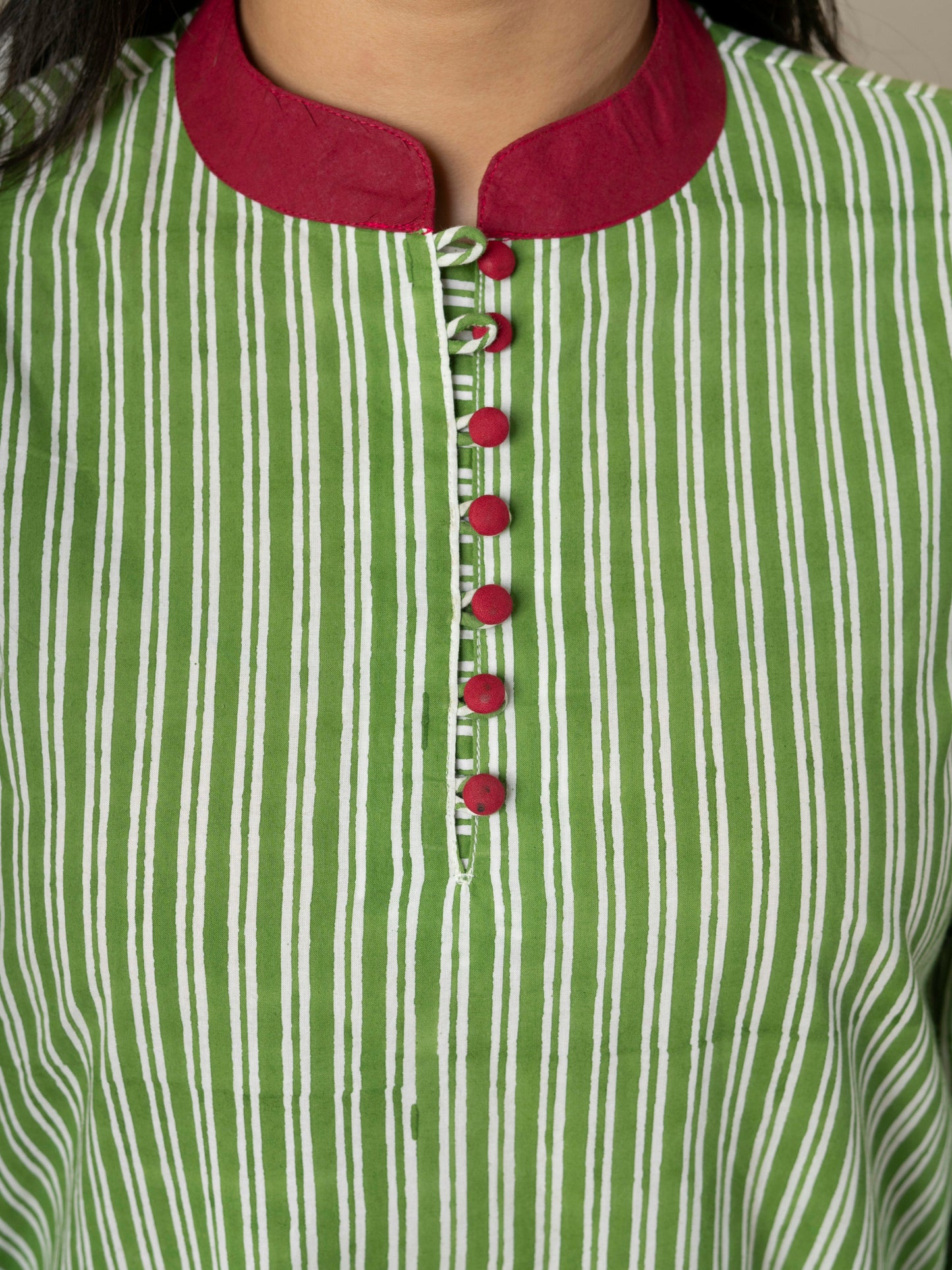 Hand Block Printed Green Striped Cotton Short Dress