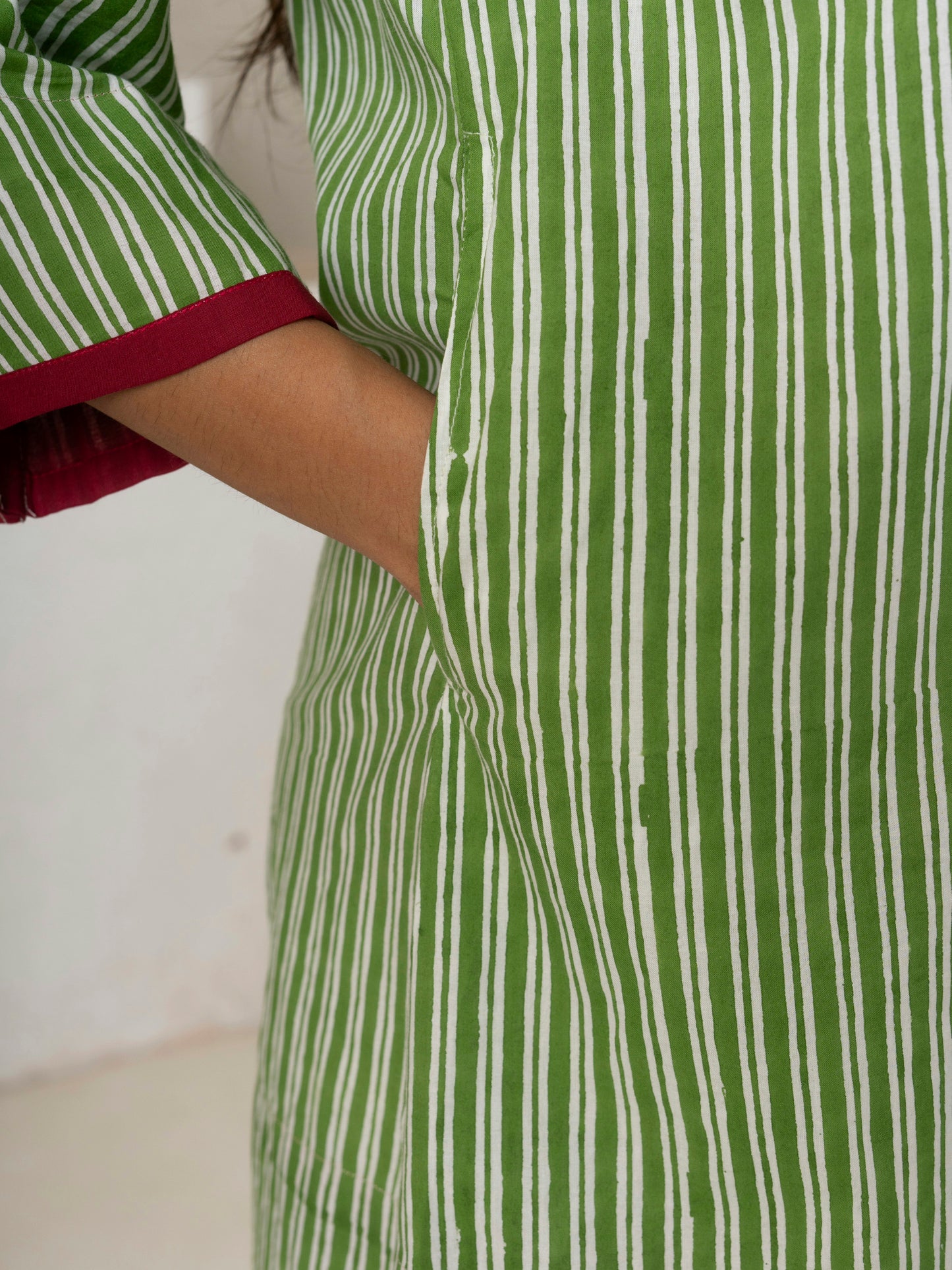 Hand Block Printed Green Striped Cotton Short Dress