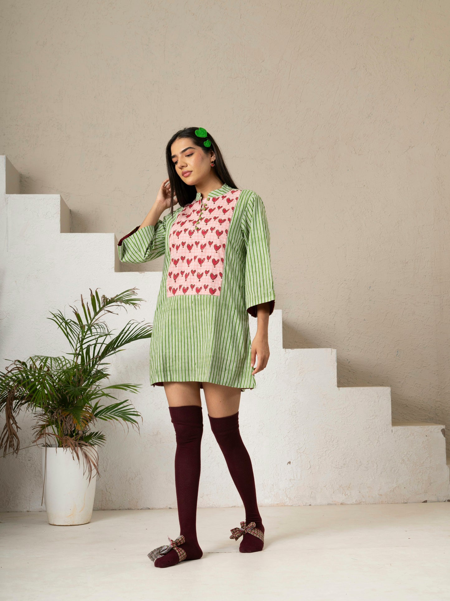 Hand Block Printed Green Striped Cotton Short Dress