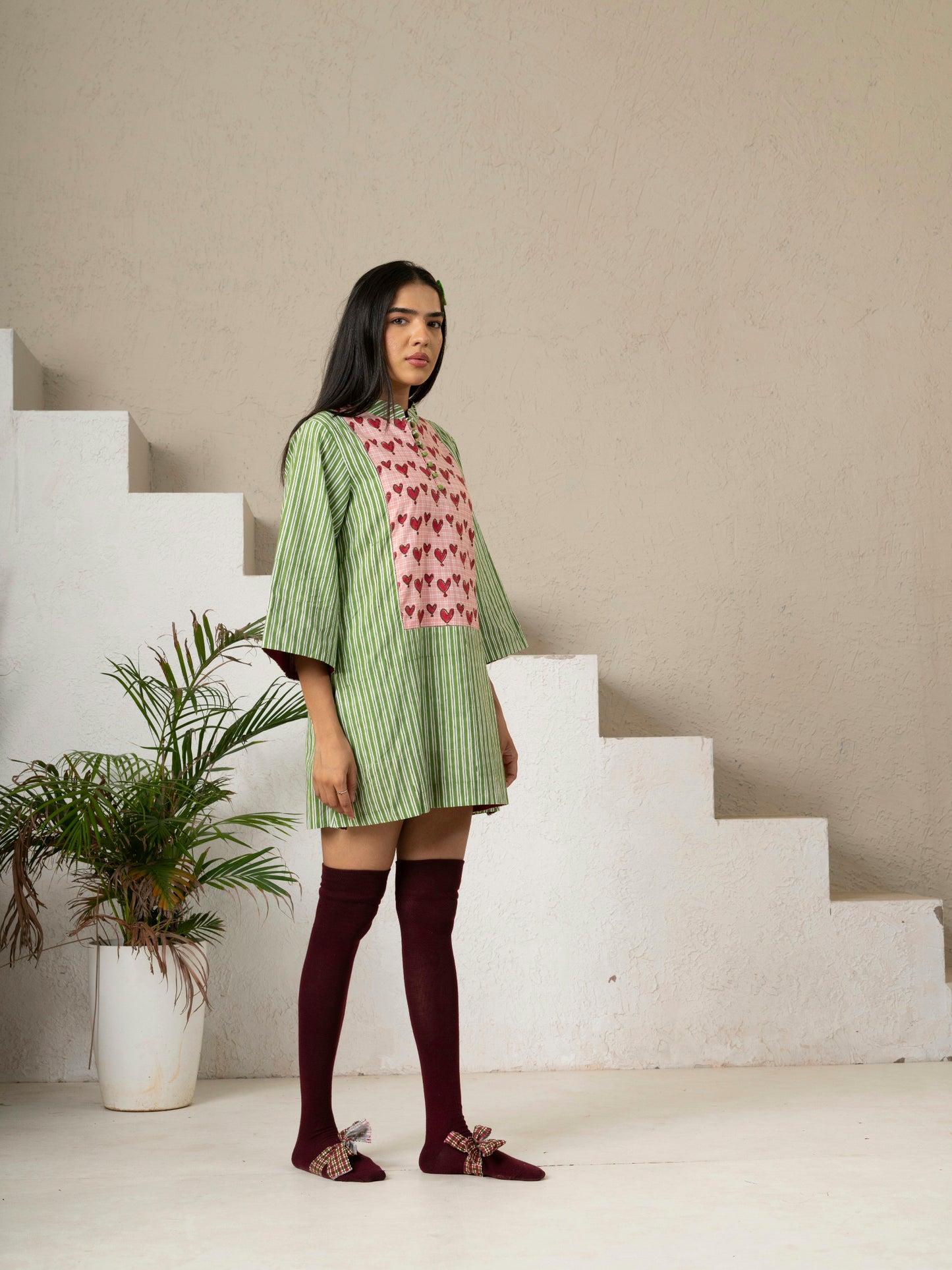 Hand Block Printed Green Striped Cotton Short Dress
