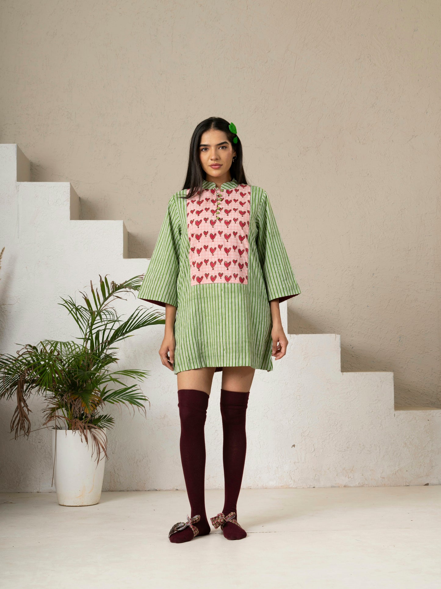 Hand Block Printed Green Striped Cotton Short Dress