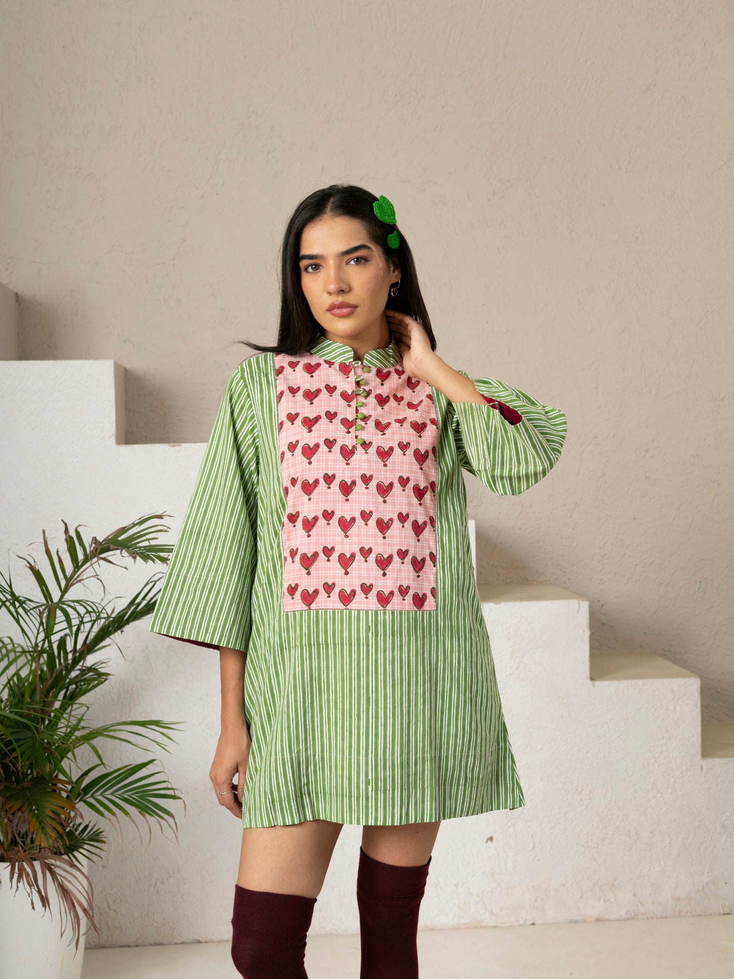 Hand Block Printed Green Striped Cotton Short Dress