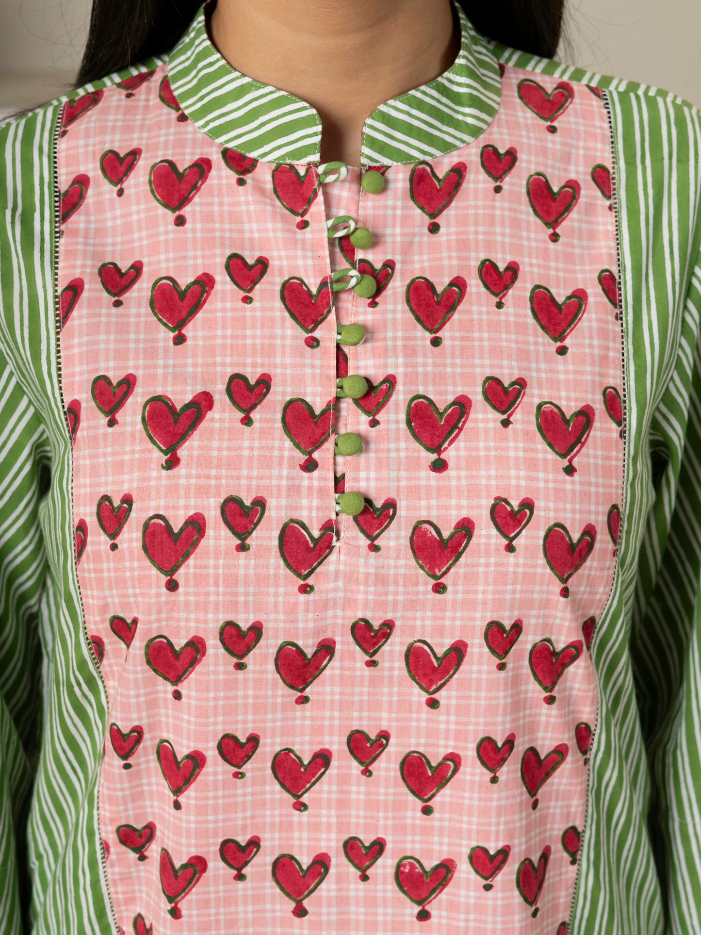 Hand Block Printed Green Striped Cotton Short Dress