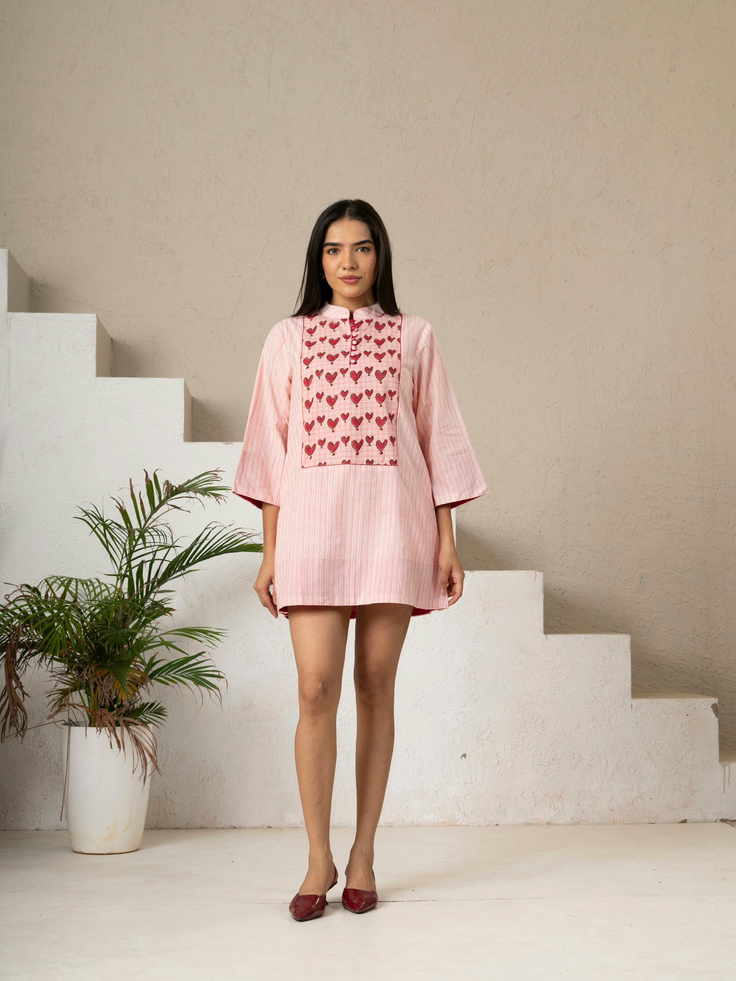 Hand Block Printed Pink Striped Cotton Short Dress