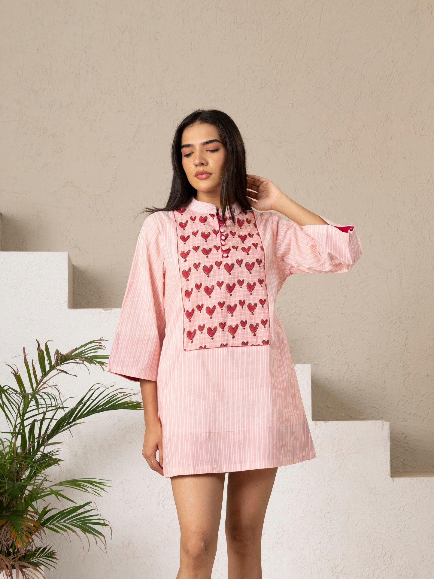 Hand Block Printed Pink Striped Cotton Short Dress