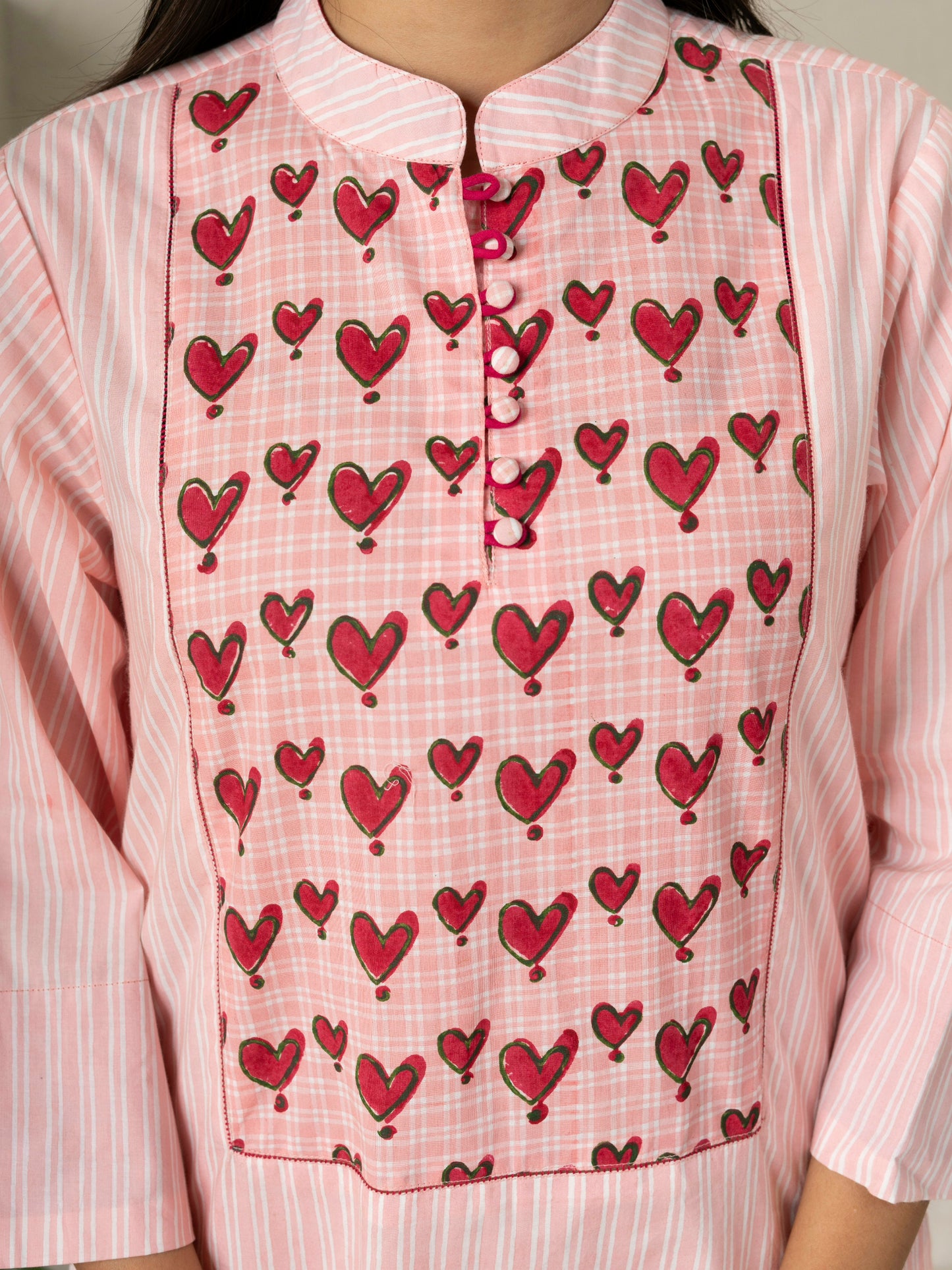 Hand Block Printed Pink Striped Cotton Short Dress