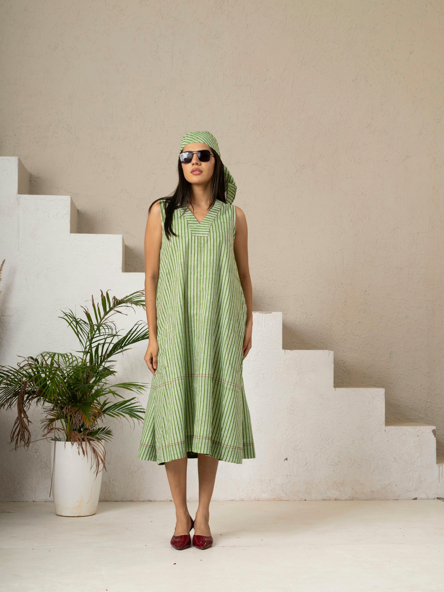 Hand Block Printed Green Stripe V Neck Pocket Dress