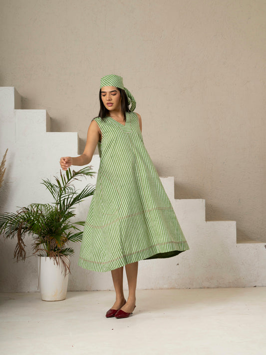 Hand Block Printed Green Stripe V Neck Pocket Dress