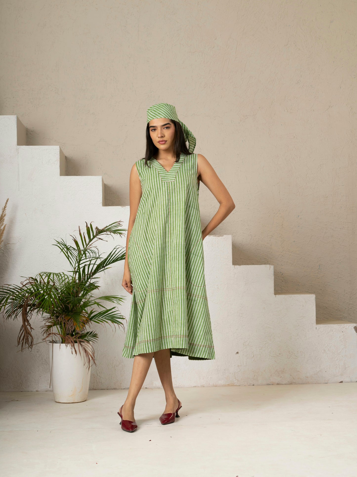 Hand Block Printed Green Stripe V Neck Pocket Dress